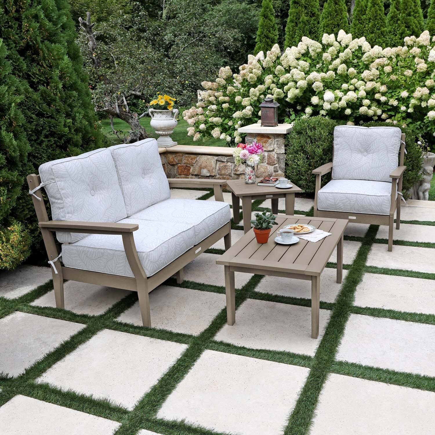 Blushing Bay 4 Pc Recycled Plastic Seating Set in Lively Parchment/Woodland Brown by Lakeview Outdoor Designs - Side View - Lifestyle thumbnail