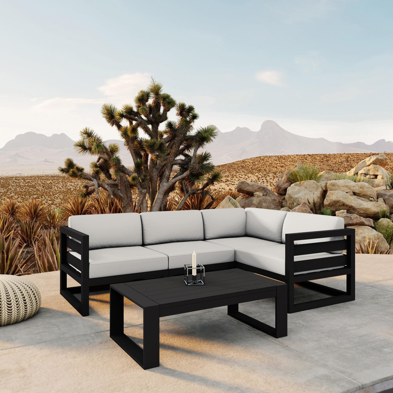 Lakeview MSTYCV-BK-5SEC-CN Misty Cove 5 Pc Aluminum Sectional Set in Black w/Portal Coffee Table & Canvas Natural Cushions by Lakeview Outdoor Designs - Set by Pool - Lifestyle thumbnail
