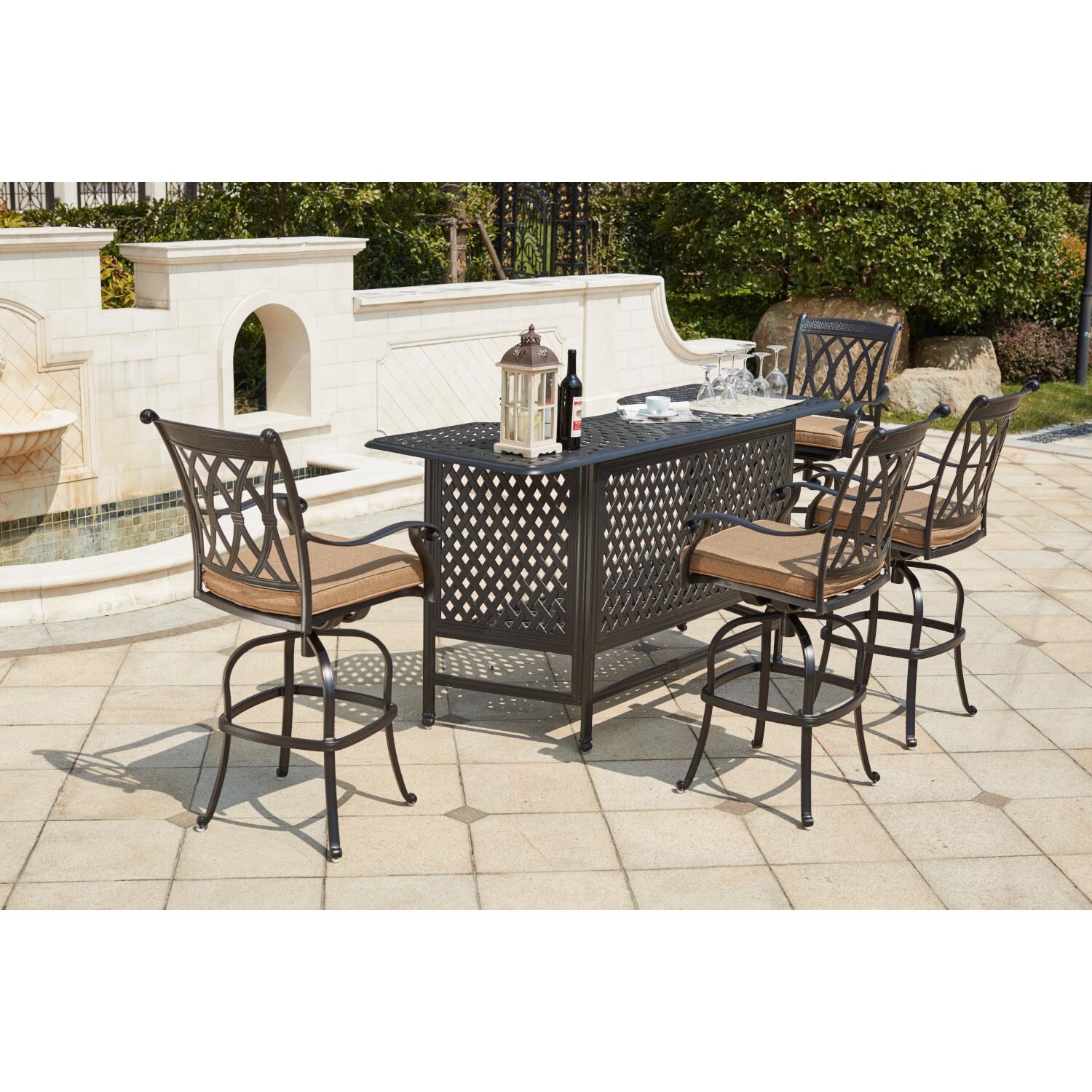 Darlee 201660-5PC-60K Capri 5 Piece Cast Aluminum Patio Party Bar Set W/ Swivel Bar Stools - Lifestyle thumbnail