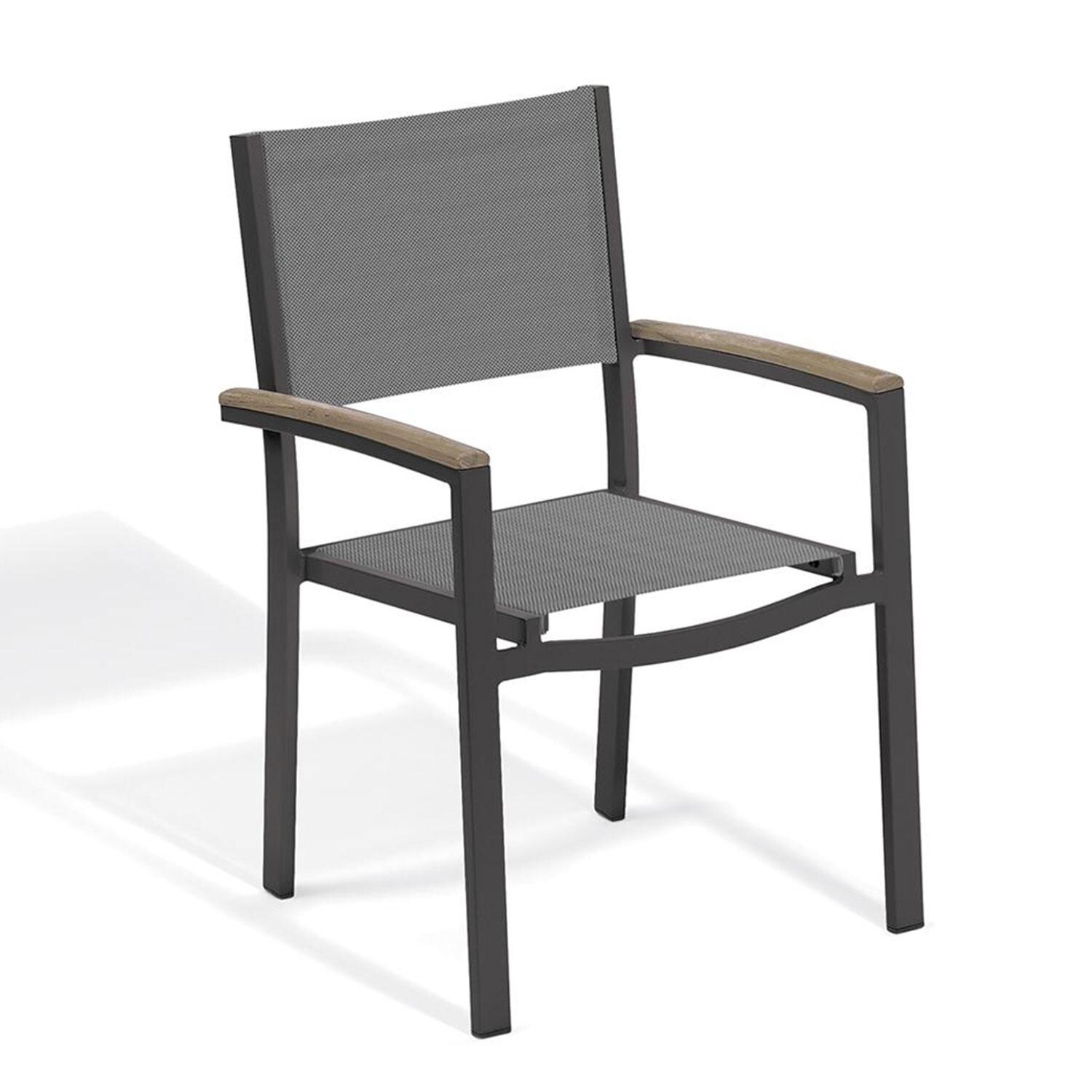 Oxford Garden Travira 6 Piece Carbon Aluminum Patio Dining Set - Titanium Sling Armchair w/ Vintage Tekwood Arms thumbnail