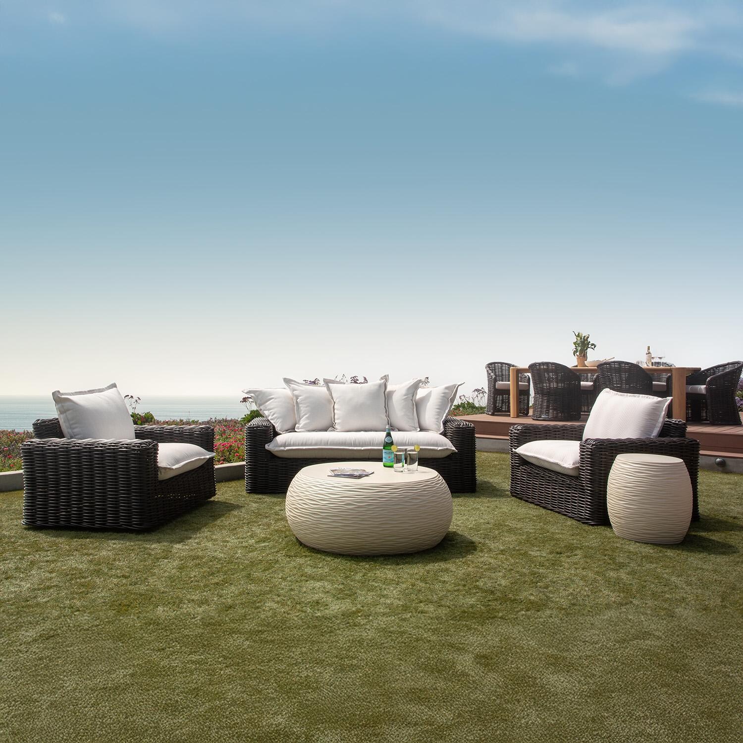 Cabo Resin Wicker Oversized Swivel Club Chair in Kahlua/Soothe Pearl by Sunset West - Shown as Set - Lifestyle thumbnail