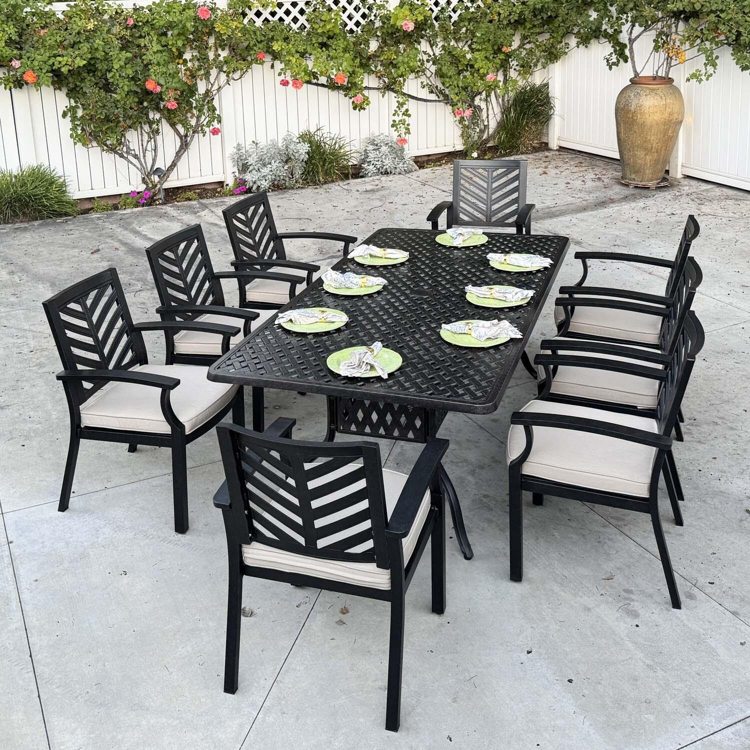 Palm Springs 9 Pc Aluminum Dining Set w/ 88" x 42" Rectangular Dining Table in Antique Bronze/Beige by Darlee - Lifestyle thumbnail