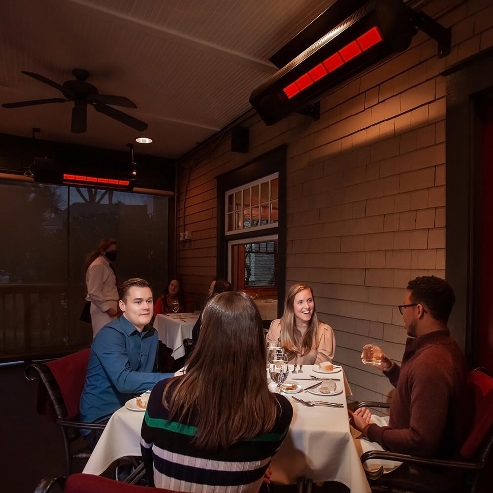 SunStar GLASS N10 SGL0 48-Inch 35,000 BTU Natural Gas Patio Heater W/ Remote, Fixed Mounting Kit, & Heat Shield - Dinner With Heaters - Lifestyle thumbnail