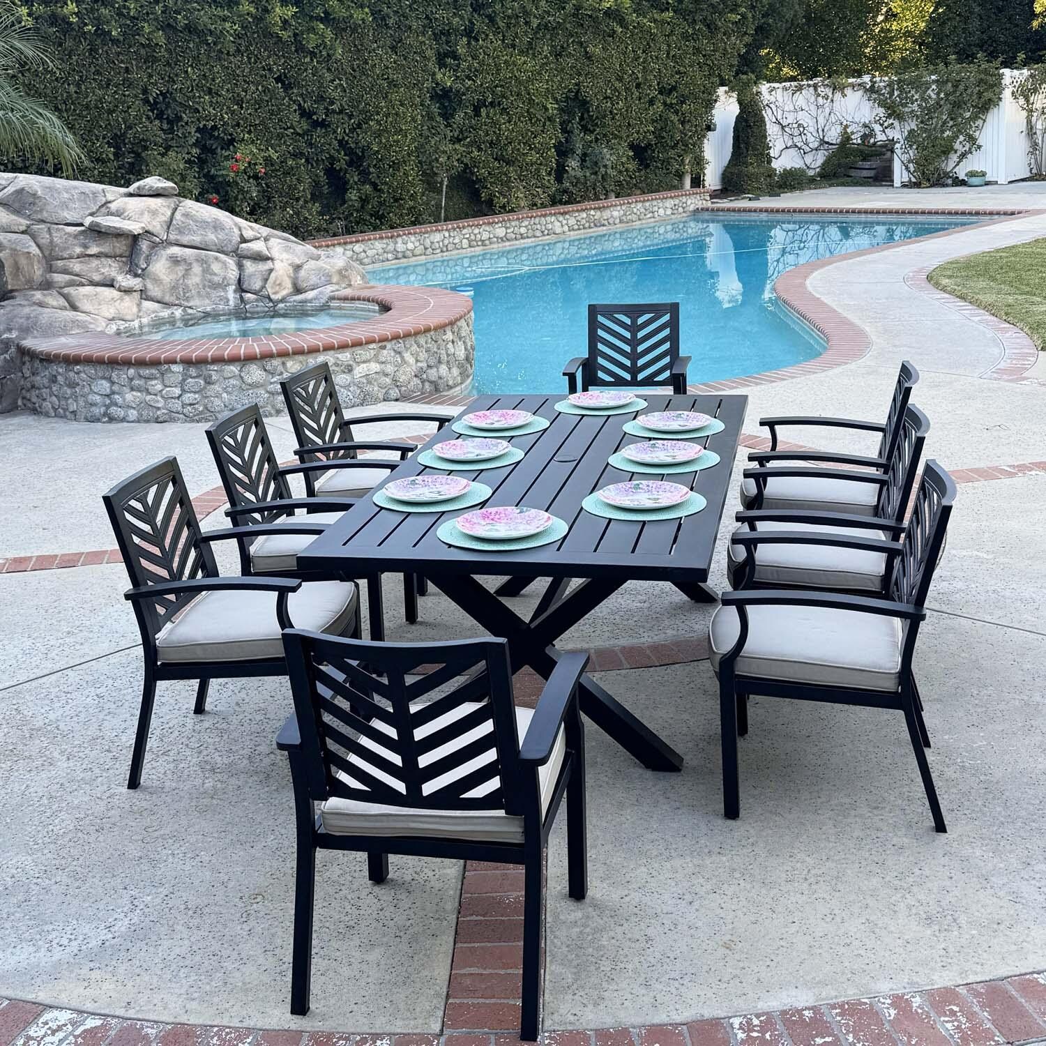 Palm Springs 9 Pc Aluminum Dining Set w/ 88" x 44" Rectangular Dining Table in Antique Bronze/Beige by Darlee - Lifestyle thumbnail