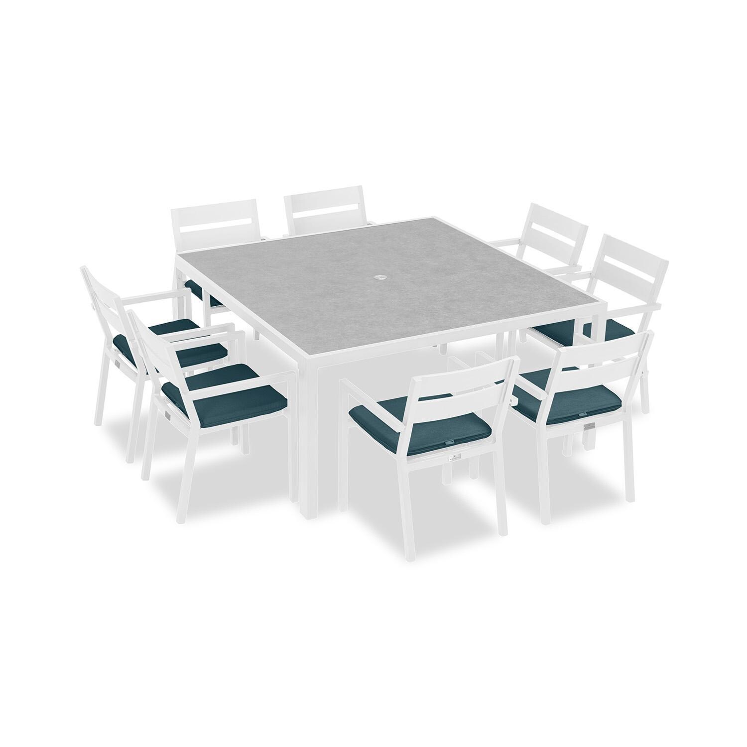 Calm Bay 9 Pc Square Aluminum Dining Set in White/Cast Lagoon by Lakeview Outdoor Designs