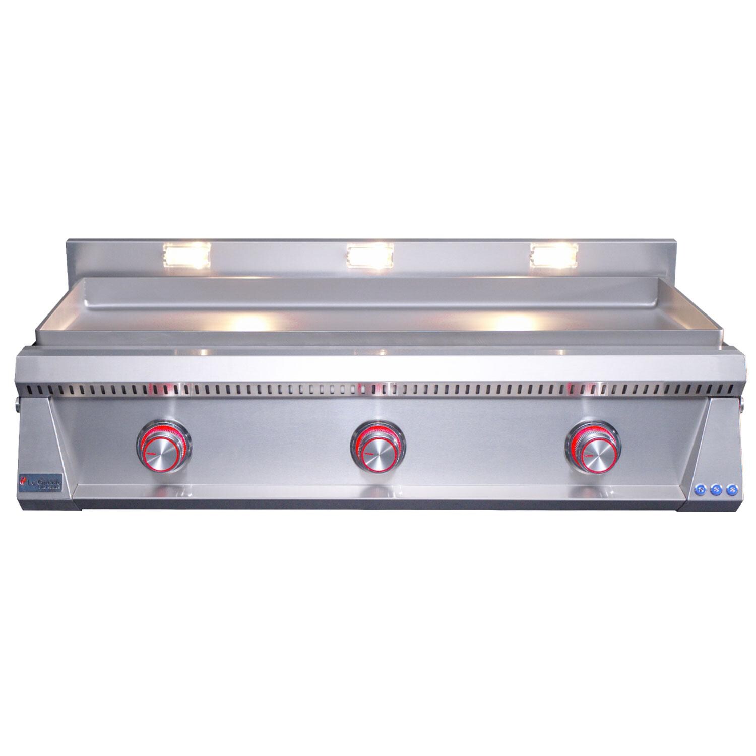 Le Griddle OML105P6 LP Pro Series 105 3 Burner Built-In Propane Flat Top Grill w/ 6mm Plate - Red LED Lights = Control Valve ON - White Background