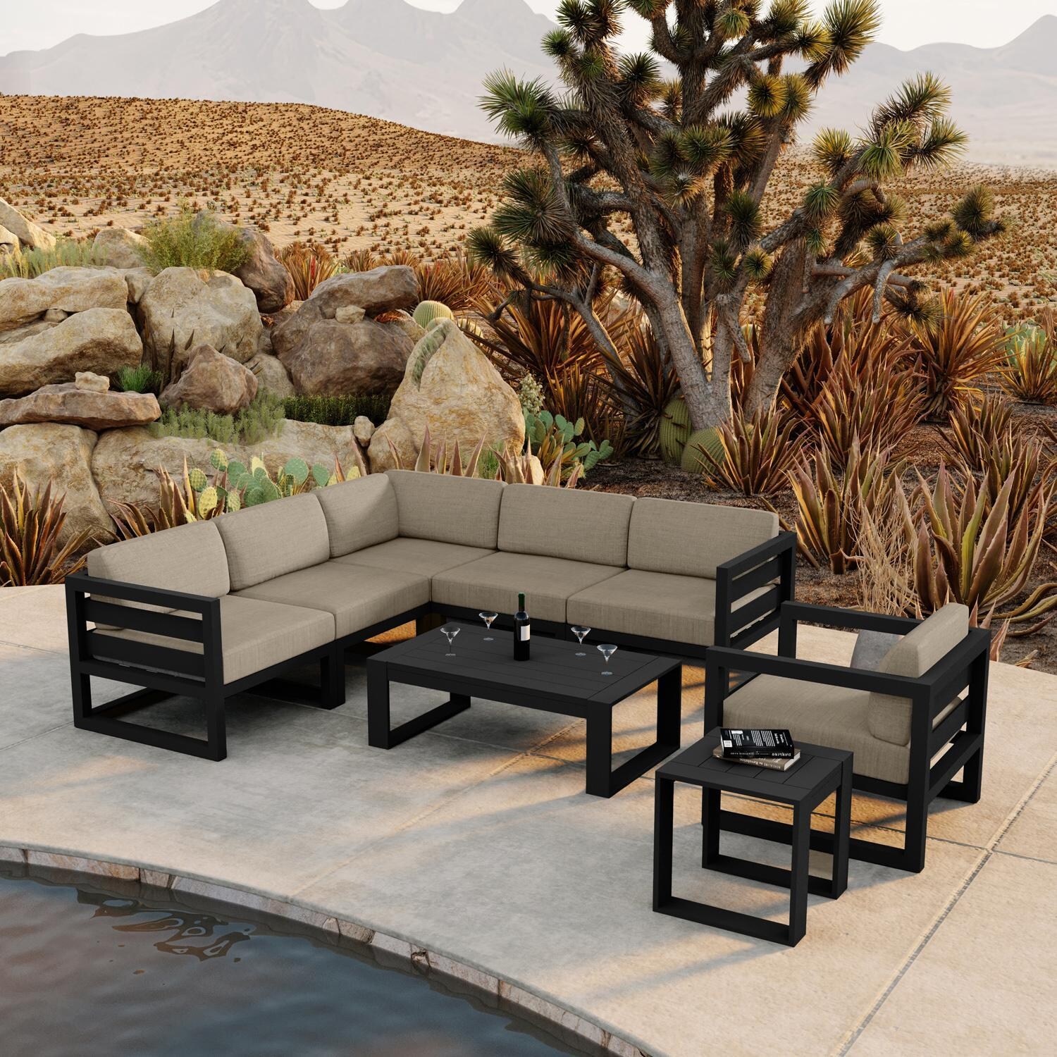 Lakeview MSTYCV-BK-8SEC-HB Misty Cove 8 Pc Aluminum Sectional Set in Black w/Coffee Table & Heather Beige Cushions by Lakeview Outdoor Designs - Set by the Pool - Lifestyle thumbnail