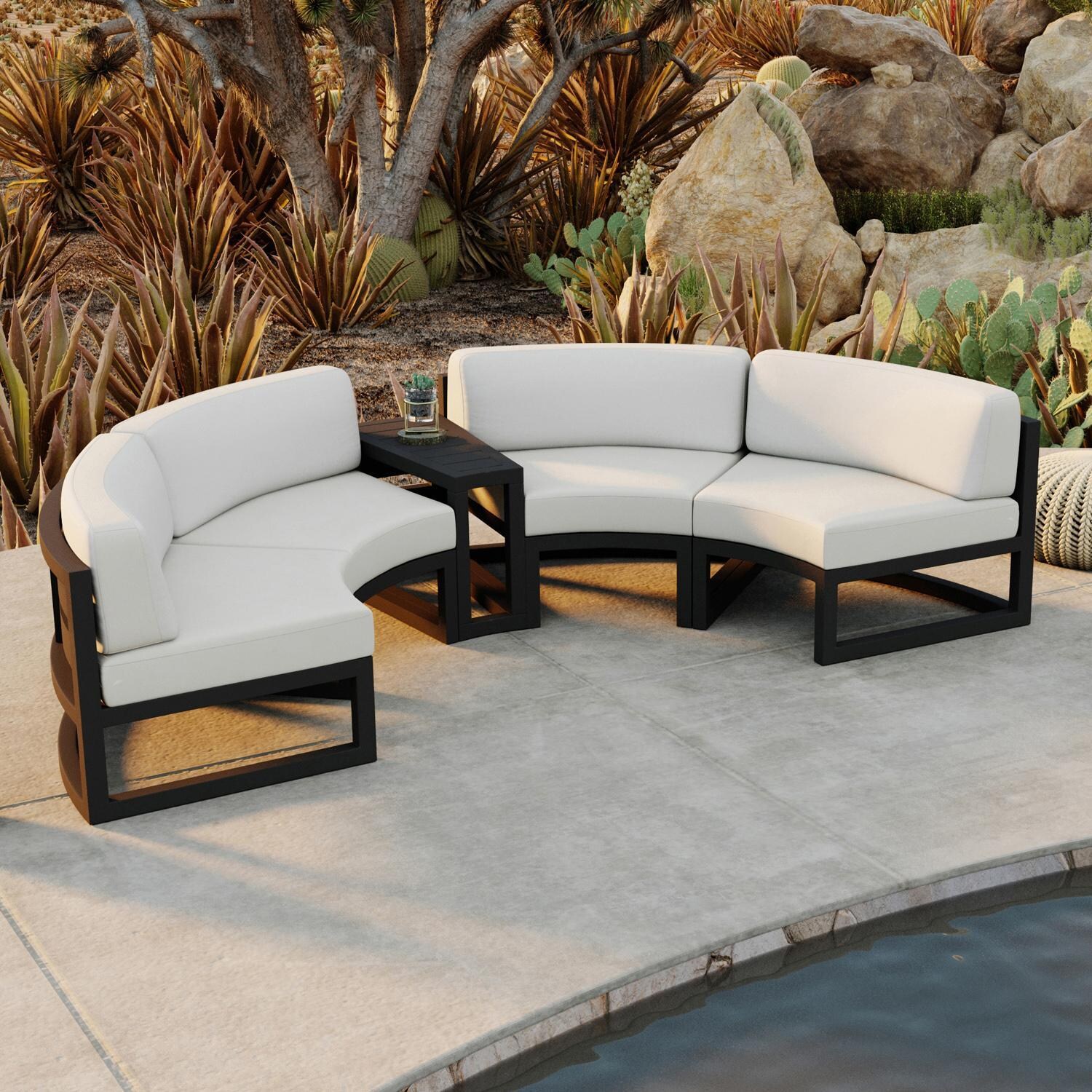Lakeview MSTYCV-BK-3CSEC-CN Misty Cove 3 Pc Aluminum Curve Sectional Set in Black w/Wedge End Table & Canvas Natural Cushions by Lakeview Outdoor Designs - Set From Above - Lifestyle thumbnail