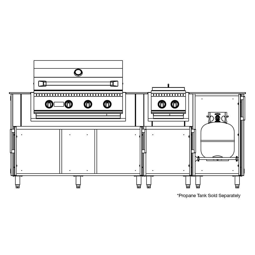 WeatherStrong Abaco 7 Ft Outdoor Kitchen Island w/ Blaze Propane Grill & Side Burner in Dark Ash/Glacier Frost - Line Drawing Open - Dimensional thumbnail