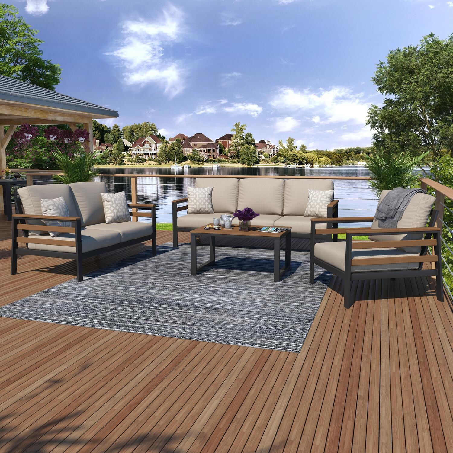 Oasis Bay 8 Pc Aluminum Seating Set w/ Slat Side Panels in Beige/Spectrum Sand by Lakeview Outdoor Designs