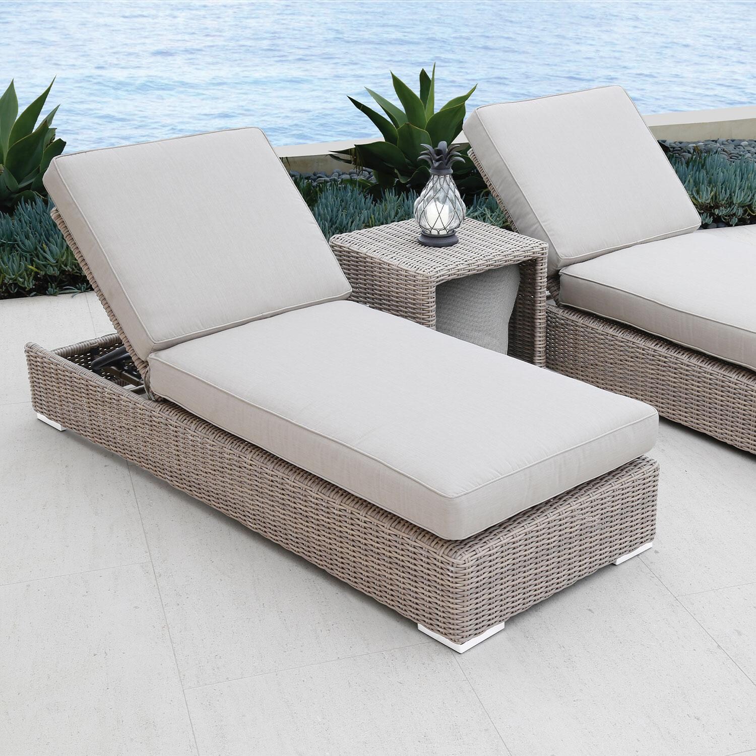 Coronado Wicker Patio Chaise Lounge W/ Sunbrella Canvas Flax Cushions By Sunset West - On Patio (Only One Included) - Lifestyle thumbnail
