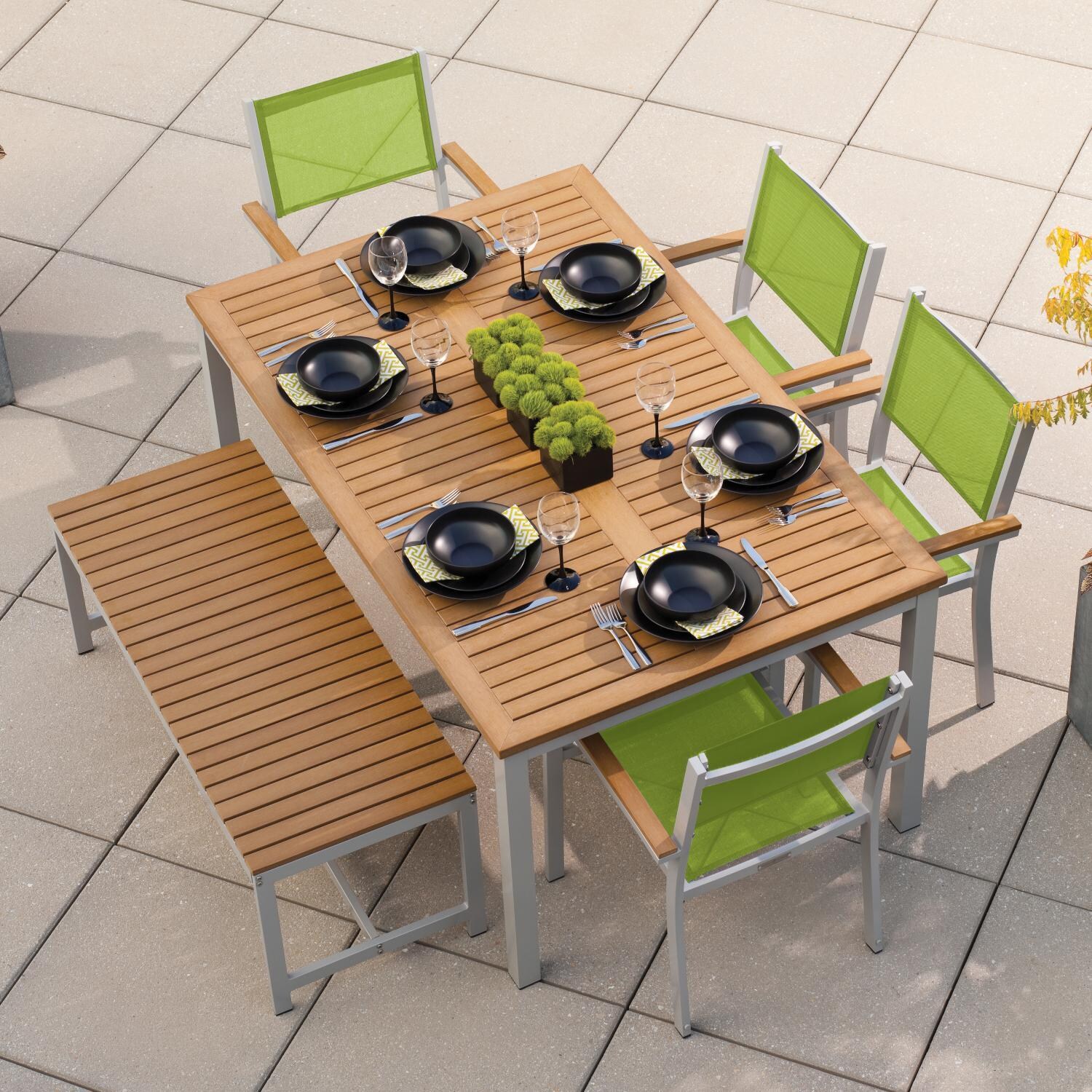 Oxford Garden Travira 6 Piece Flint Aluminum Patio Dining Set W/ Go Green Sling Armchairs, 63-Inch Rectangular Natural Tekwood Table & Backless Bench