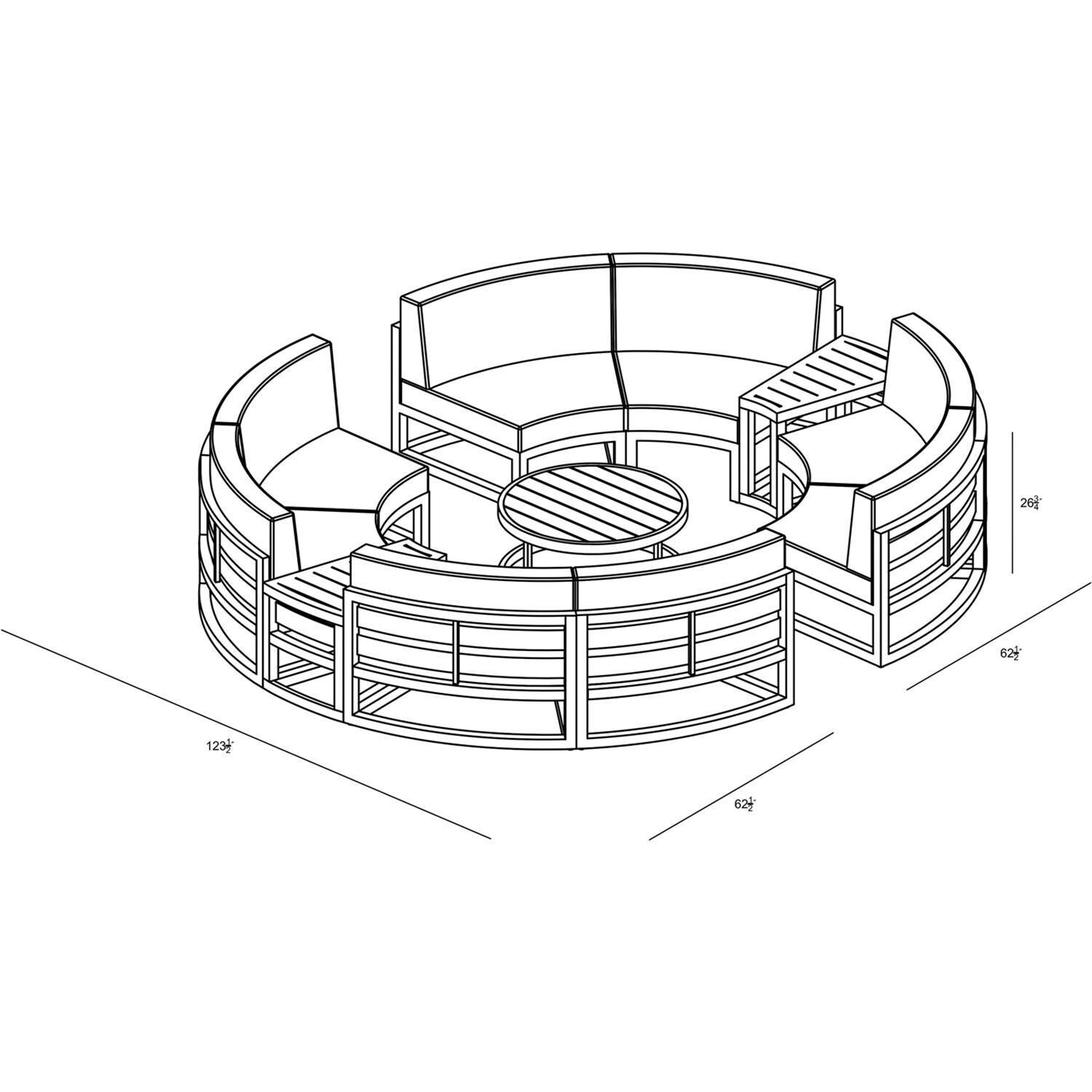 Lakeview MSTYCV-BK-7CSEC-HB Misty Cove 7 Pc Aluminum Curve Sectional Set in Black w/Coffee Table & Heather Beige Cushions by Lakeview Outdoor Designs - Line Drawing - Dimensional thumbnail