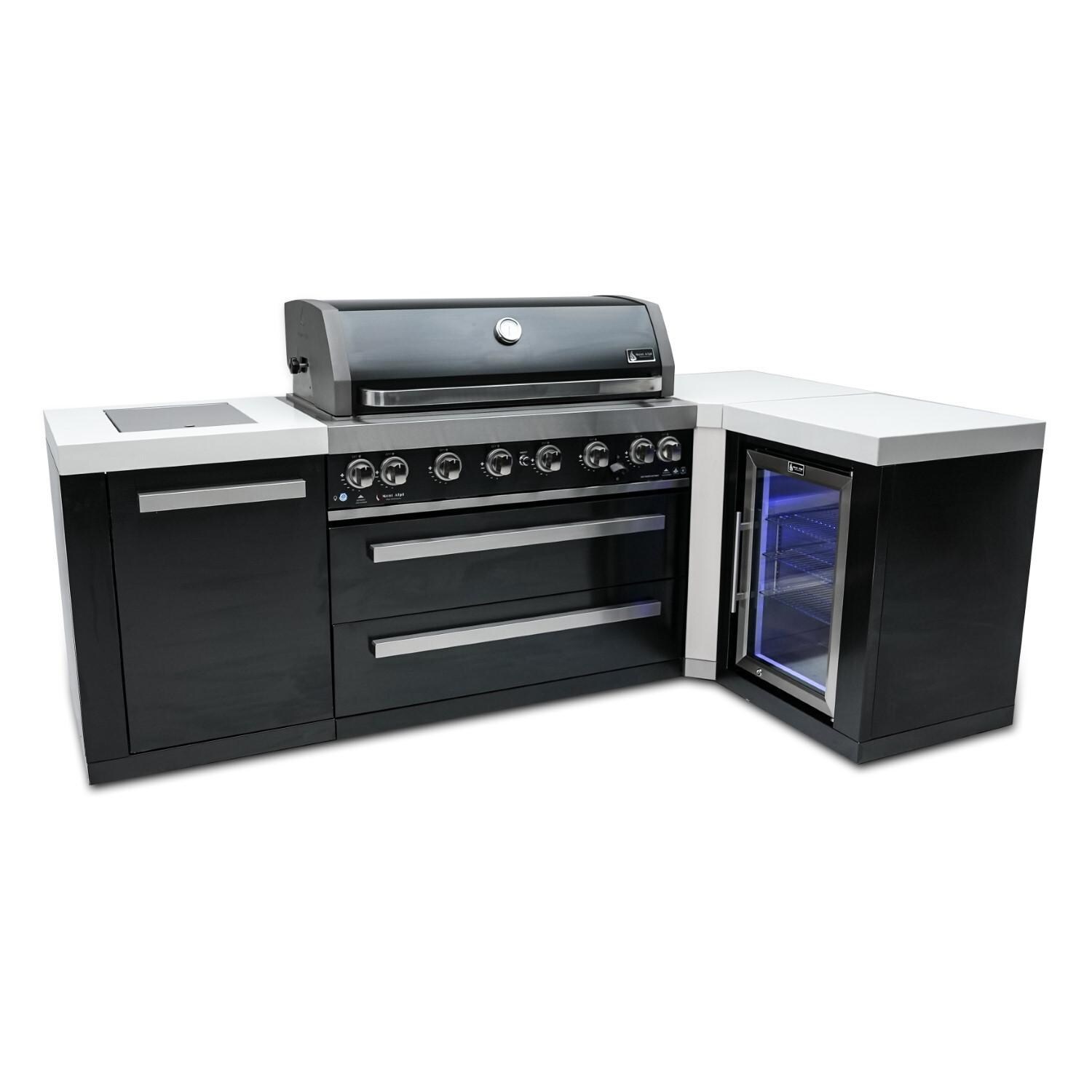 Mont Alpi - MAi805-BSS90FC - Deluxe 90 Degree Propane Gas Island Grill W/ Refrigerator Cabinet, Infrared Side Burner, & Rotisserie Kit - Black Stainless Steel - White Background thumbnail