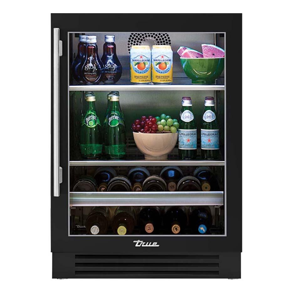 True TBC-24-R-OG-C~DSK-027-H04 24 Inch 147 Can 13 Bottle Right Hinge Glass Door Outdoor Outdoor Beverage Center - Matte Black w/ Stainless Steel Handle - White Background thumbnail