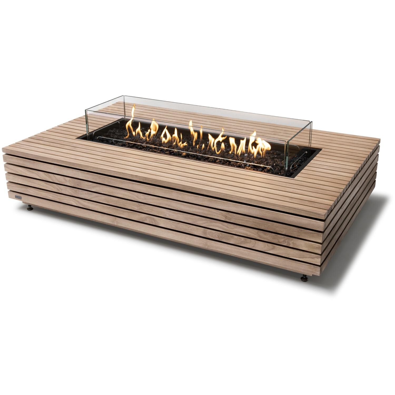 EcoSmart Fire Wharf 65 Inch Stainless Steel Burner Rectangle Teak Ethanol Fire Pit Table in Teak