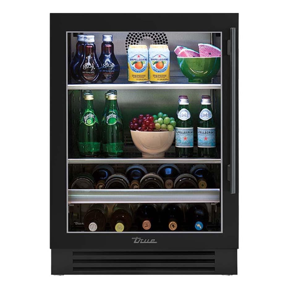 True TBC-24-L-OG-C~DSK-027-H05 24 Inch 147 Can 13 Bottle Left Hinge Glass Door Outdoor Outdoor Beverage Center - Matte Black w/ Pewter Handle - White Background thumbnail