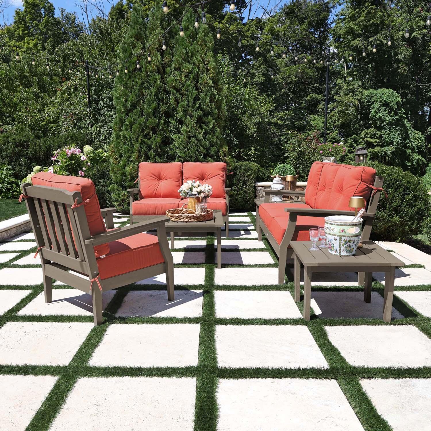 Blushing Bay 6 Pc Recycled Plastic Grand Seating Set in Canvas Persimmon/Woodland Brown by Lakeview Outdoor Designs - Side View - Lifestyle thumbnail