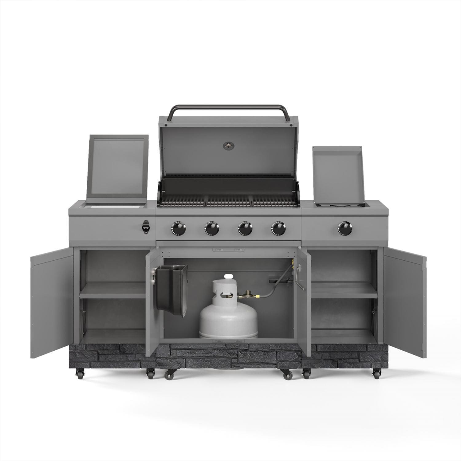 TYTUS Fresno Series 5-Burner Natural Gas Island Grill in Gunmetal + Graphite Stone w/ Cover & Griddle (Ships Propane w/ Conversion Kit) - Cabinets Open - White Background thumbnail