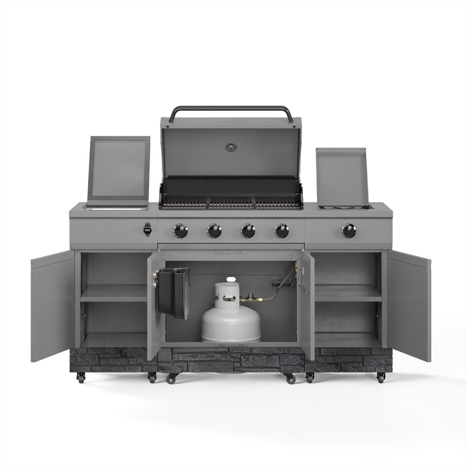 TYTUS Fresno Series 5-Burner Natural Gas Island Grill in Gunmetal + Graphite Stone w/ Cover & Griddle (Ships Propane w/ Conversion Kit) - Cabinets Open - White Background thumbnail