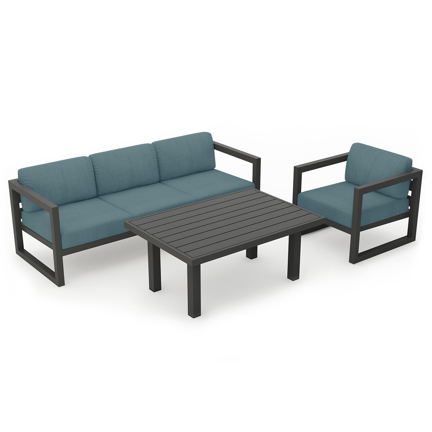 Misty Cove 3 Piece Seating Set in Slate w/Chat Table & Cast Lagoon Cushions by Lakeview - Top Angle View - White Background thumbnail