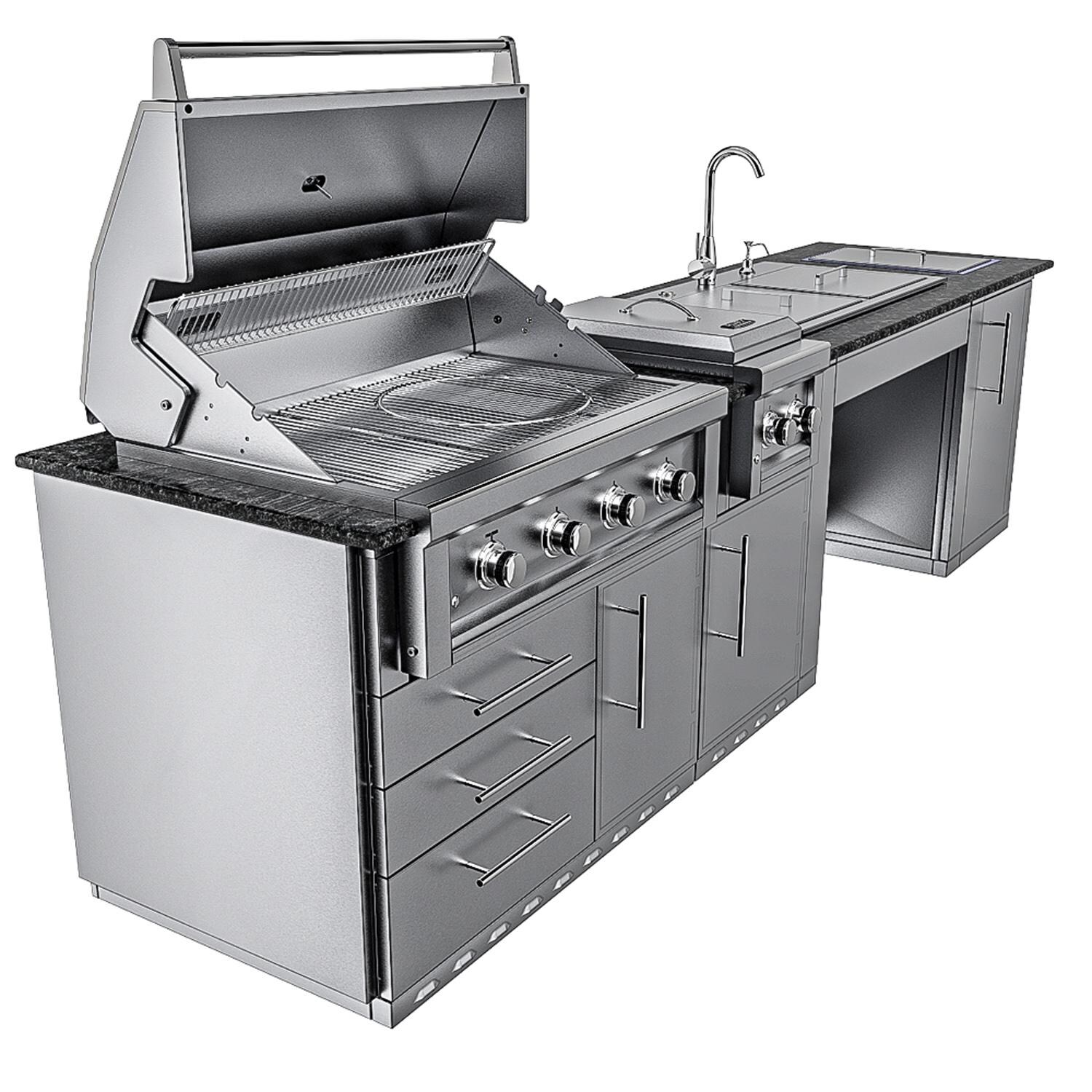 Sunstone Grills SCPSUMMIT10-LP Summit 10 Ft Outdoor Kitchen Island w/ Propane Grill & Side Burner, Sink, Door & Drawer - Left Side Grill Open - White Background thumbnail