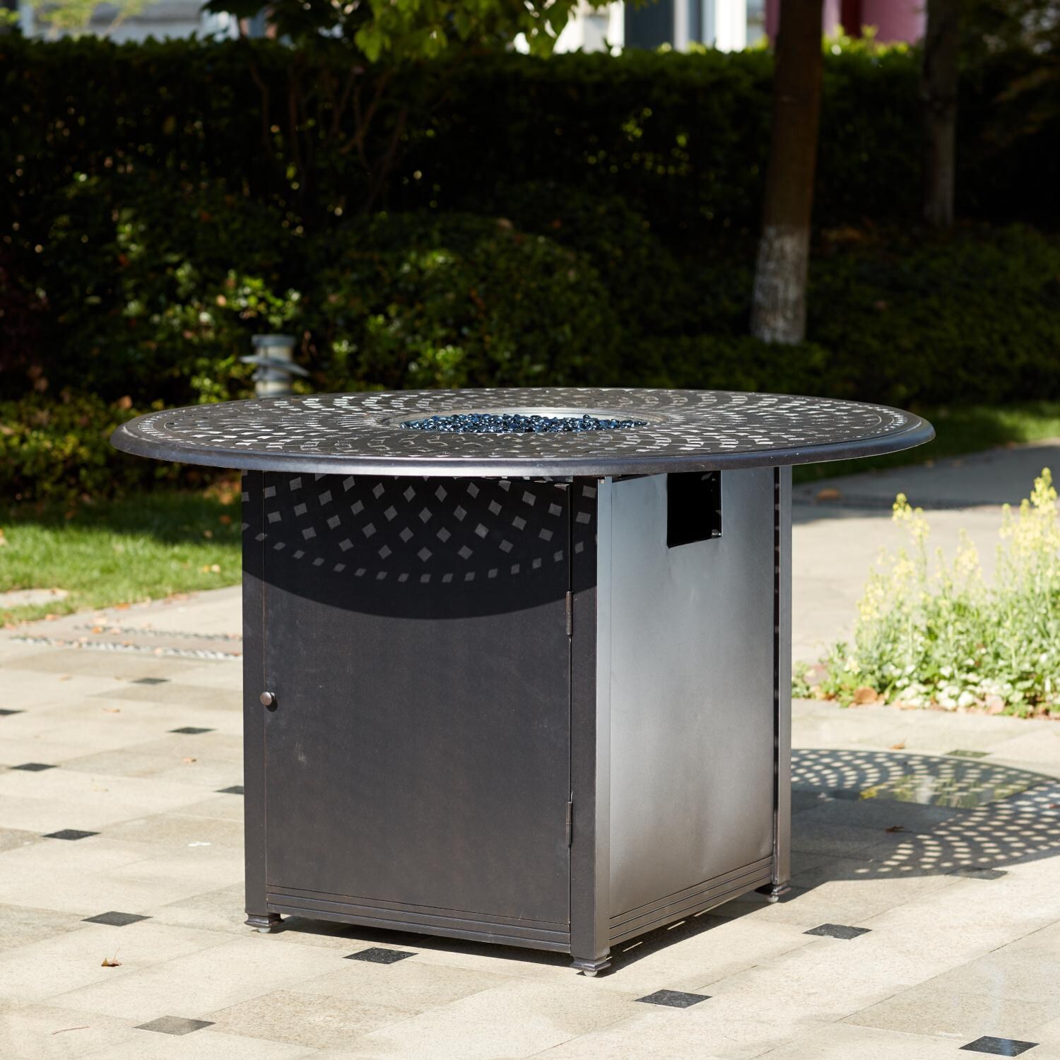 Darlee 201010-7PC-60GHD Santa Barbara 7 Piece Cast Aluminum Patio Counter Height Fire Pit Bar Set W/ 60 Inch Round Table & Sesame Cushions - Fire Pit Table thumbnail