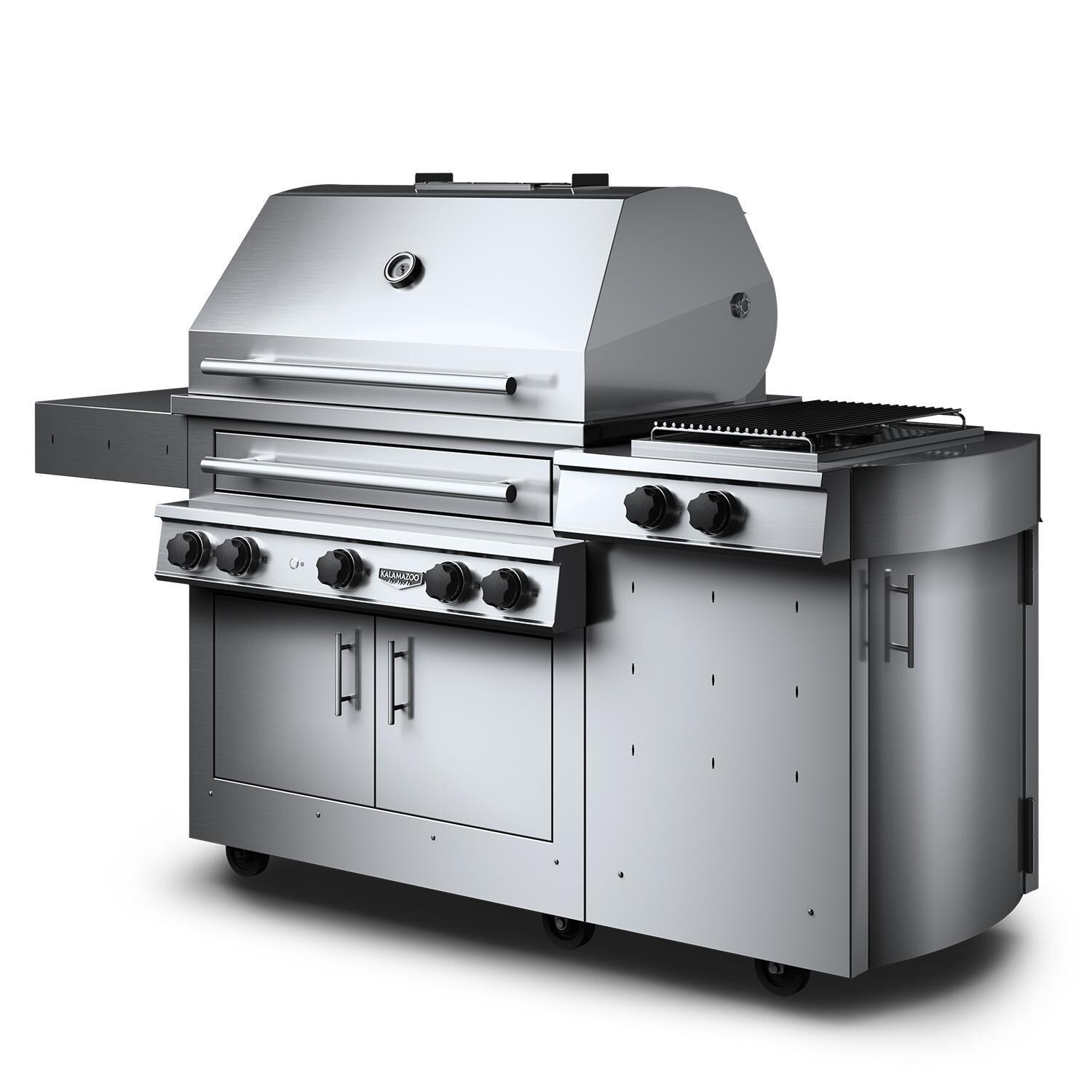 Kalamazoo K750HS Freestanding Hybrid Fire Grill w/ Side Burner - 30 lb Propane Cylinder - Marine Grade - Angled Left - White Background thumbnail
