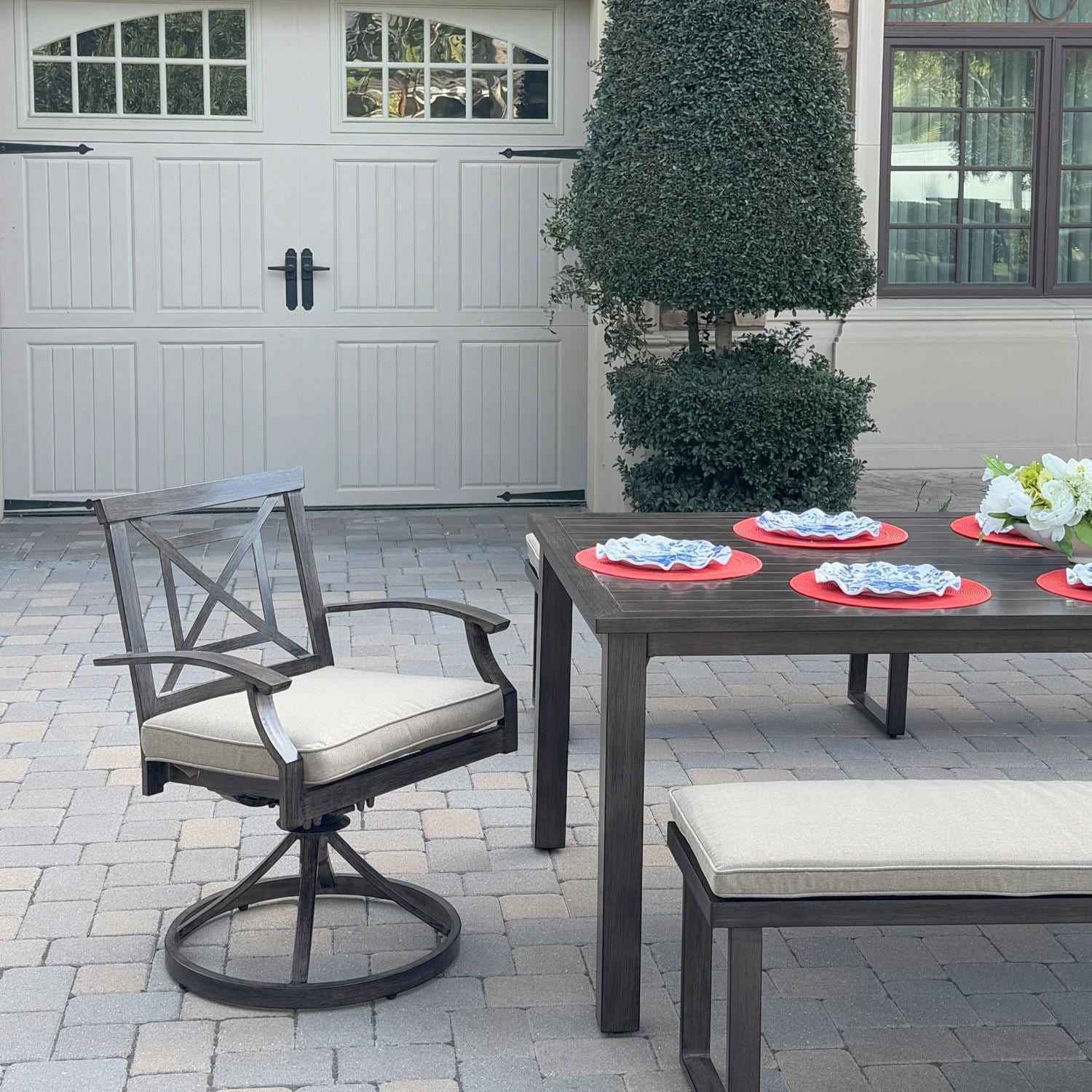 Atlantis 5 Pc Aluminum Dining Set w/ 2 Swivel Rocker Dining Arm Chairs & 2 Three Person Benches  in Walnut/Beige by Darlee - Chair At Table - Lifestyle thumbnail