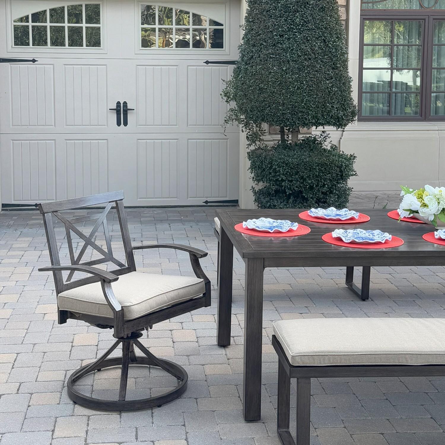 Atlantis 5 Pc Aluminum Dining Set w/ 2 Swivel Rocker Dining Arm Chairs & 2 Three Person Benches in Walnut/Beige by Darlee - Chair At Table - Lifestyle thumbnail