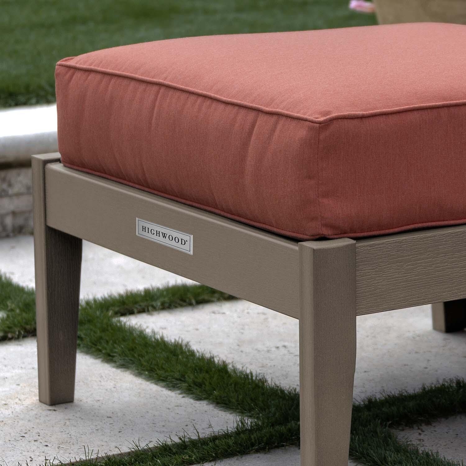 Blushing Bay Recycled Plastic Ottoman in Canvas Persimmon/Woodland Brown by Lakeview Outdoor Designs - Close Up - Lifestyle thumbnail