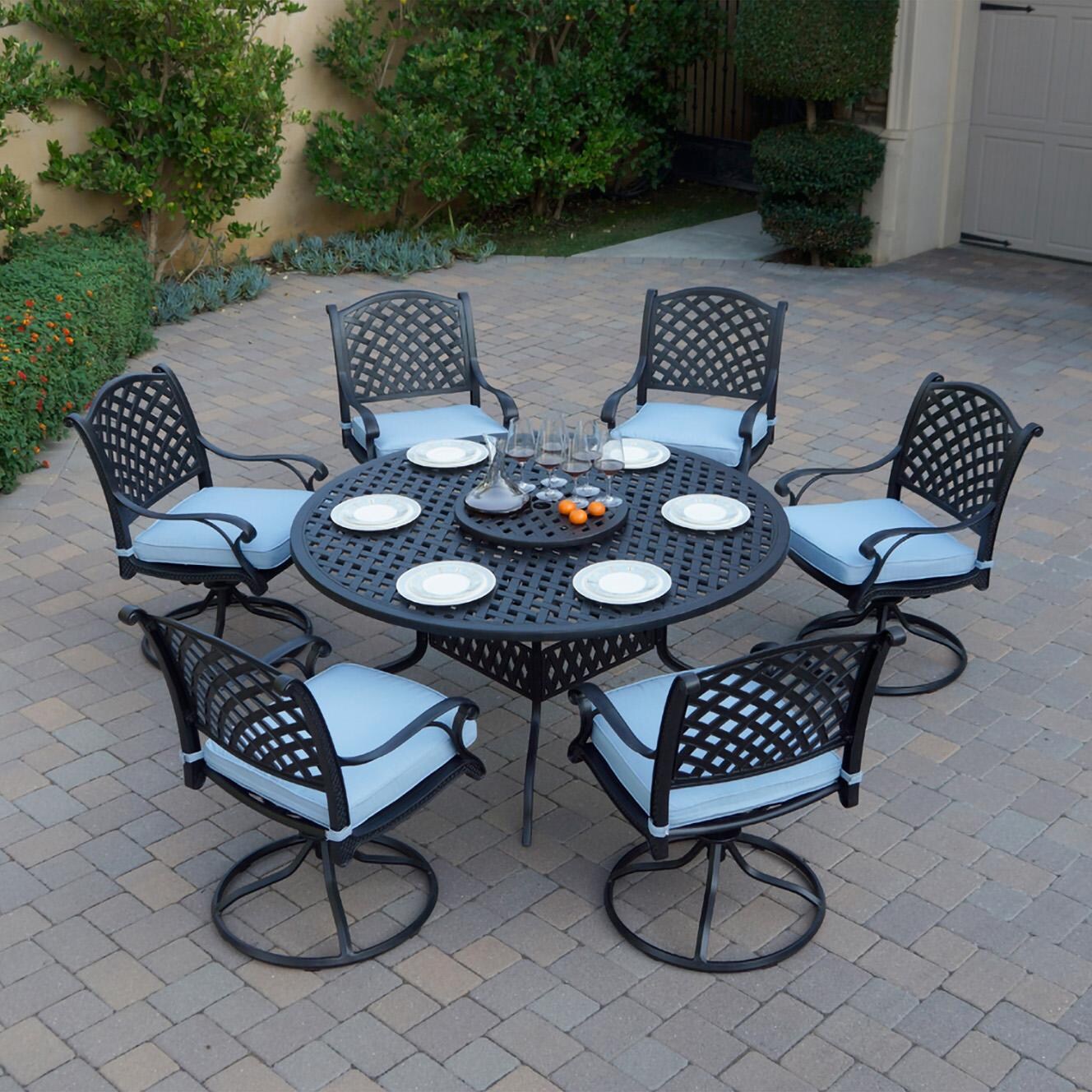 Nassau 8 Pc Cast Aluminum Dining Set in Antique Bronze w/ Blue Cushions By Darlee