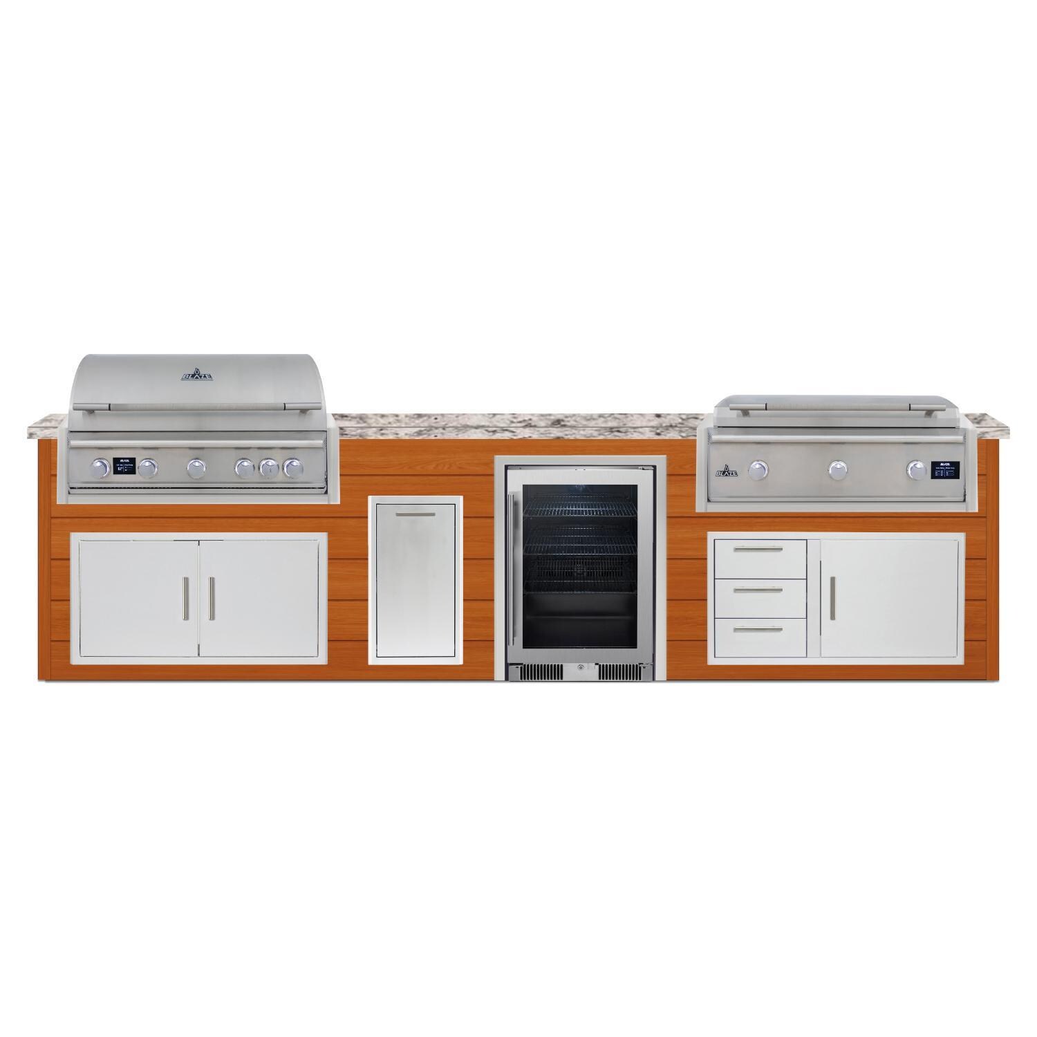 BBQGuys Signature 12 Ft Outdoor Kitchen Island w/ 40-in Propane Blaze LTE PRO Grill & Griddle, Beverage Center & Narrow Trash Bin | Chai Cedar w/ White Granite