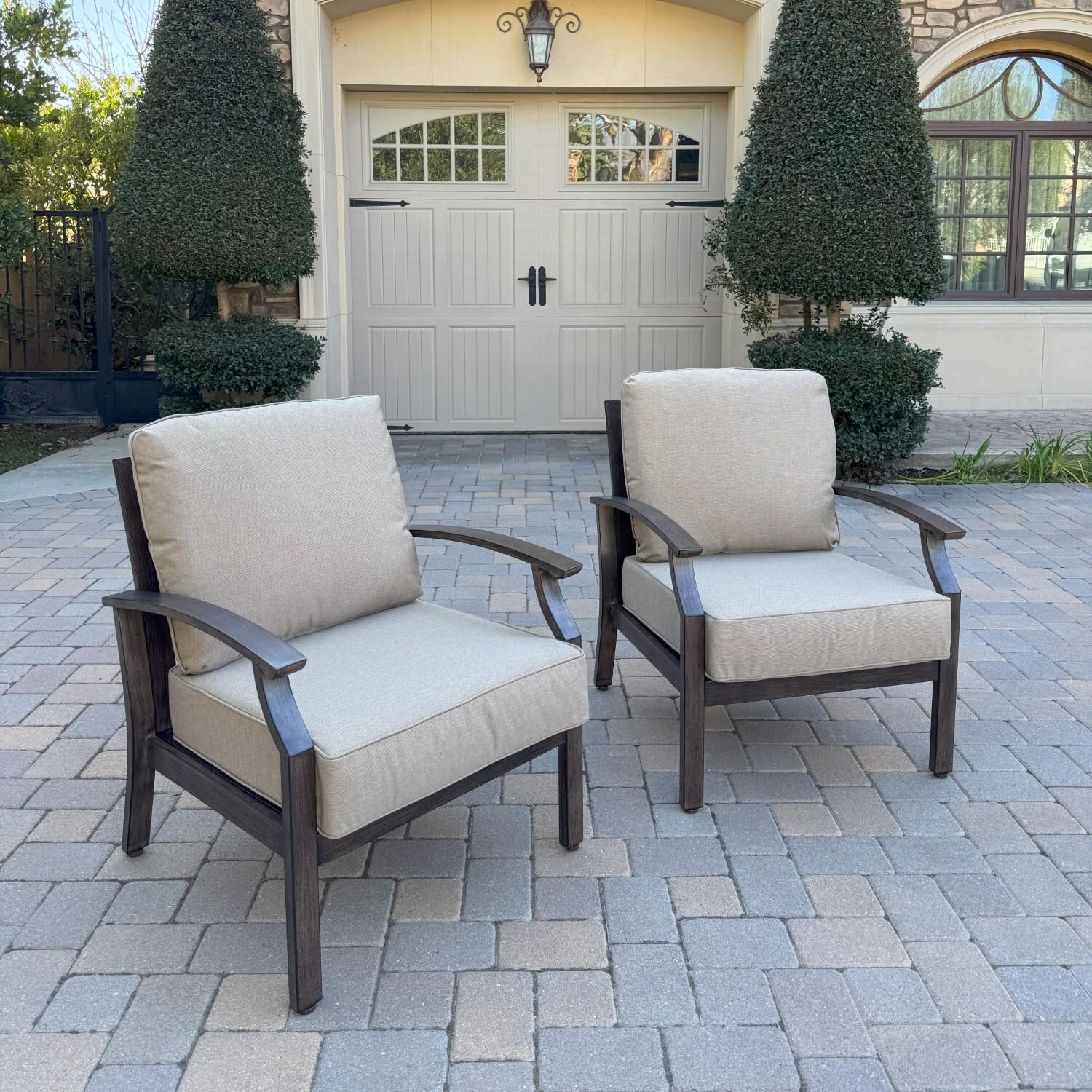 Atlantis 6 Pc Aluminum Fire Pit Seating Set w/ 2 Club Chairs, 2 Ottomans & Sofa in Walnut/Beige by Darlee - Chairs - Lifestyle thumbnail