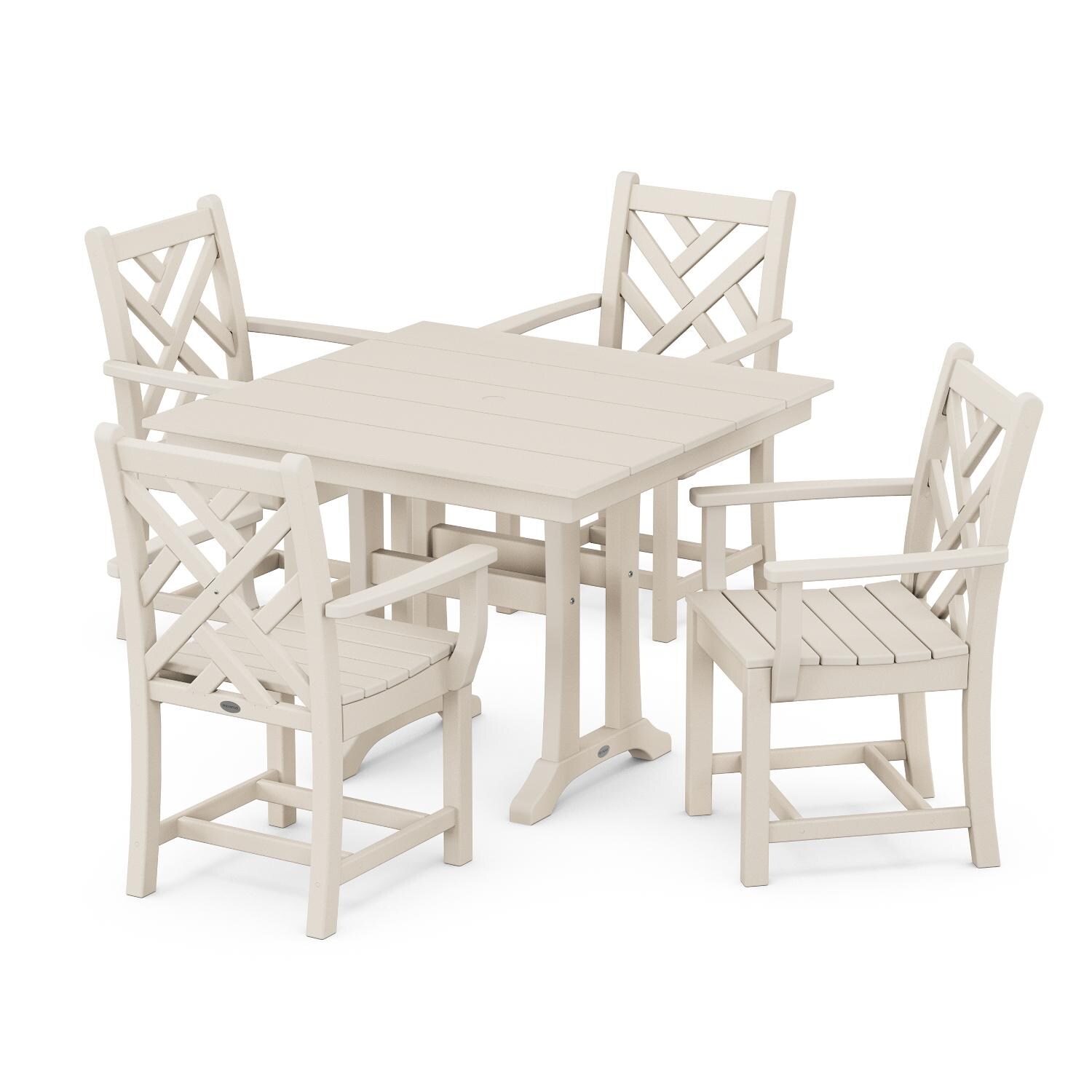 POLYWOOD 5-Piece Sand Chippendale Farmhouse Trestle Arm Chair Dining Set thumbnail