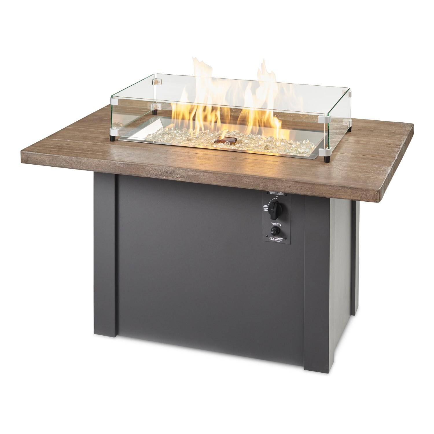 Havenwood 44 Inch Fire Pit Table W/ Driftwood Top & Grey Base - Flames W/ Glass - White Background thumbnail