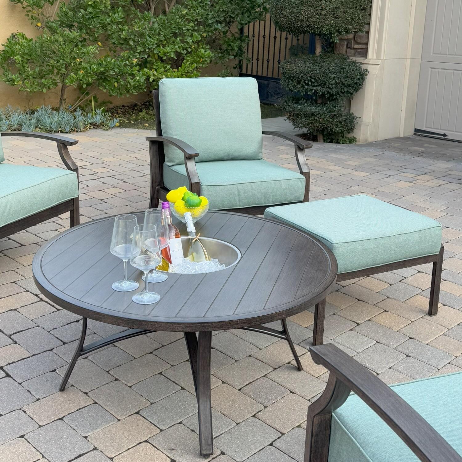 Atlantis 6 Pc Aluminum Seating Set w/ Sofa, 2 Club Chairs, 2 Ottomans & Ice Bucket in Walnut/Spa by Darlee - Chair & Ottoman - Lifestyle thumbnail