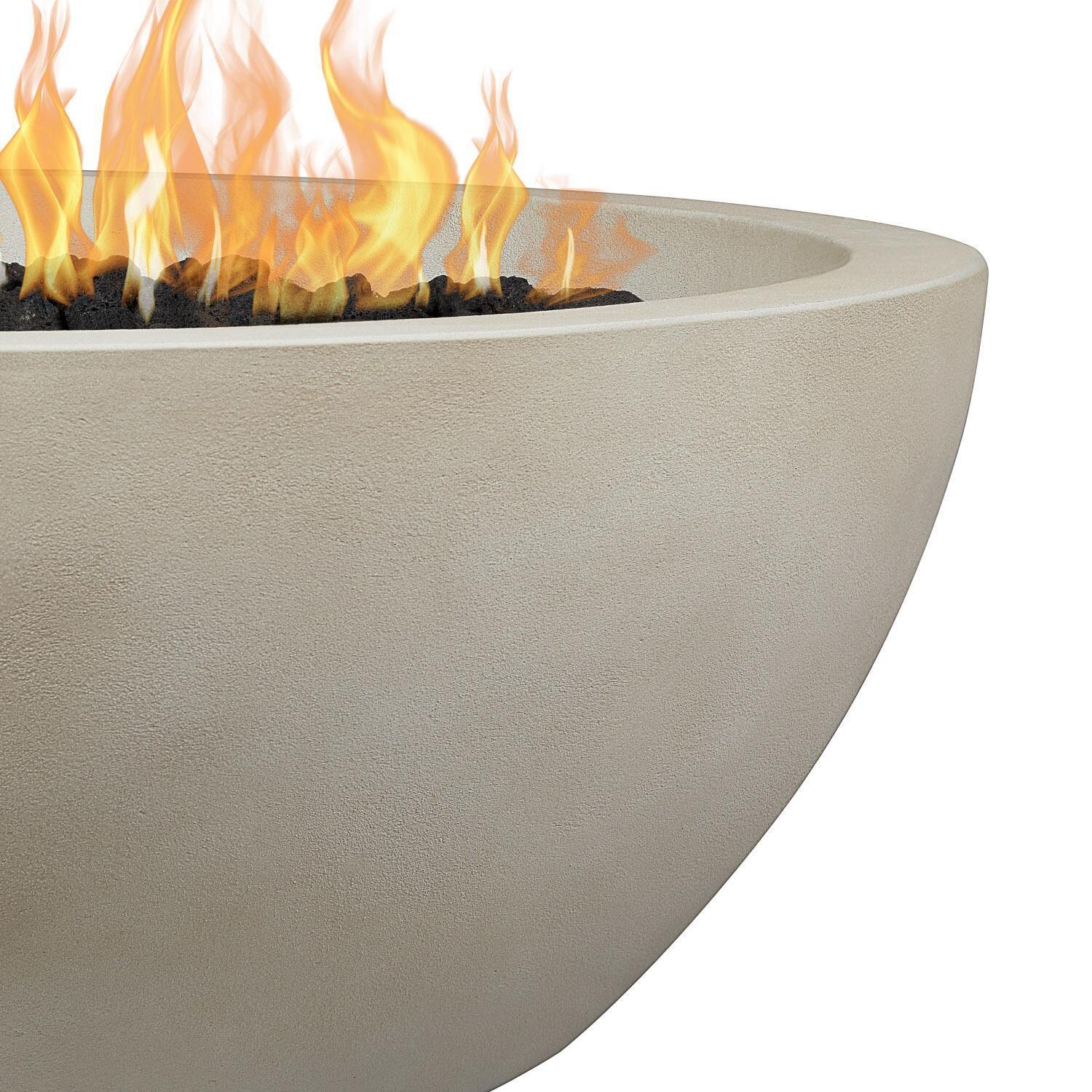 Dustyview 38 Inch Round Glass Fiber Reinforced Concrete Propane Fire Bowl in Fog by BBQGuys Signature - Concrete - Close Up - White Background thumbnail