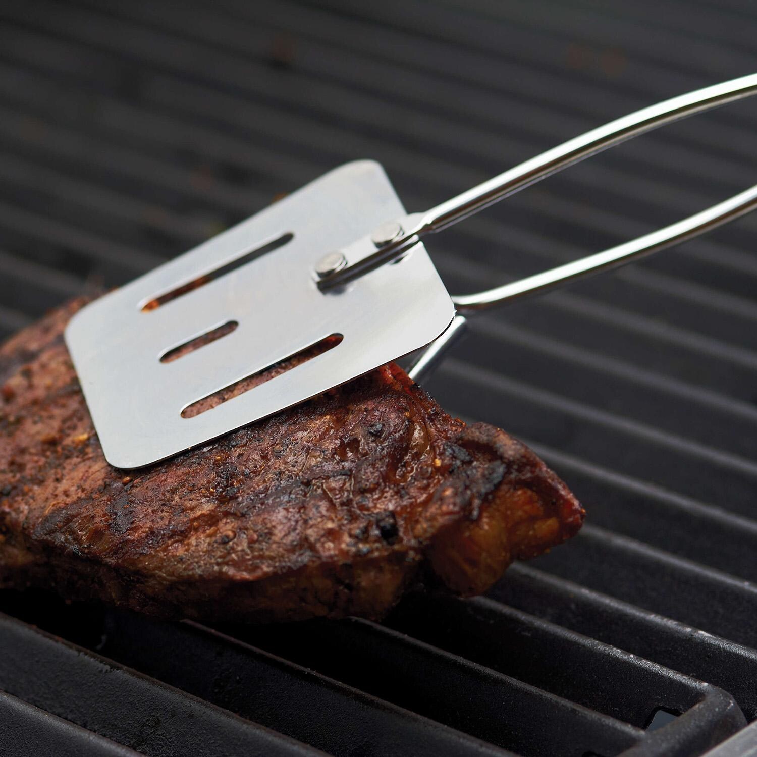 GrillPro Chrome Plated 2-in-1 Turner/ Tongs - 40730 - Turner Side w/ Meat - Lifestyle thumbnail