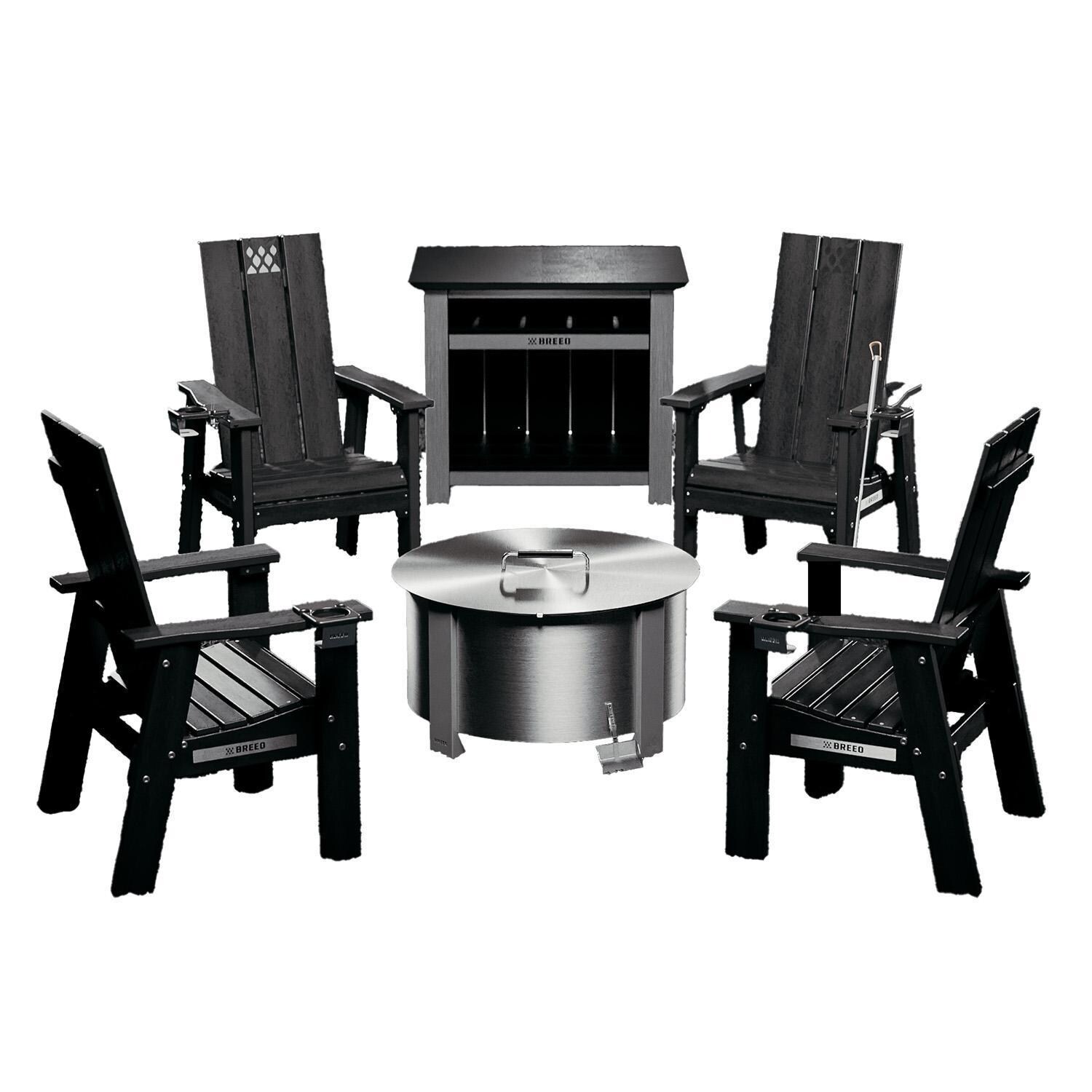 Breeo BR-X24S-BBB X Series 6 Piece 24 Inch Stainless Steel Fire Pit Seating Set in Black - Front View - White Background thumbnail