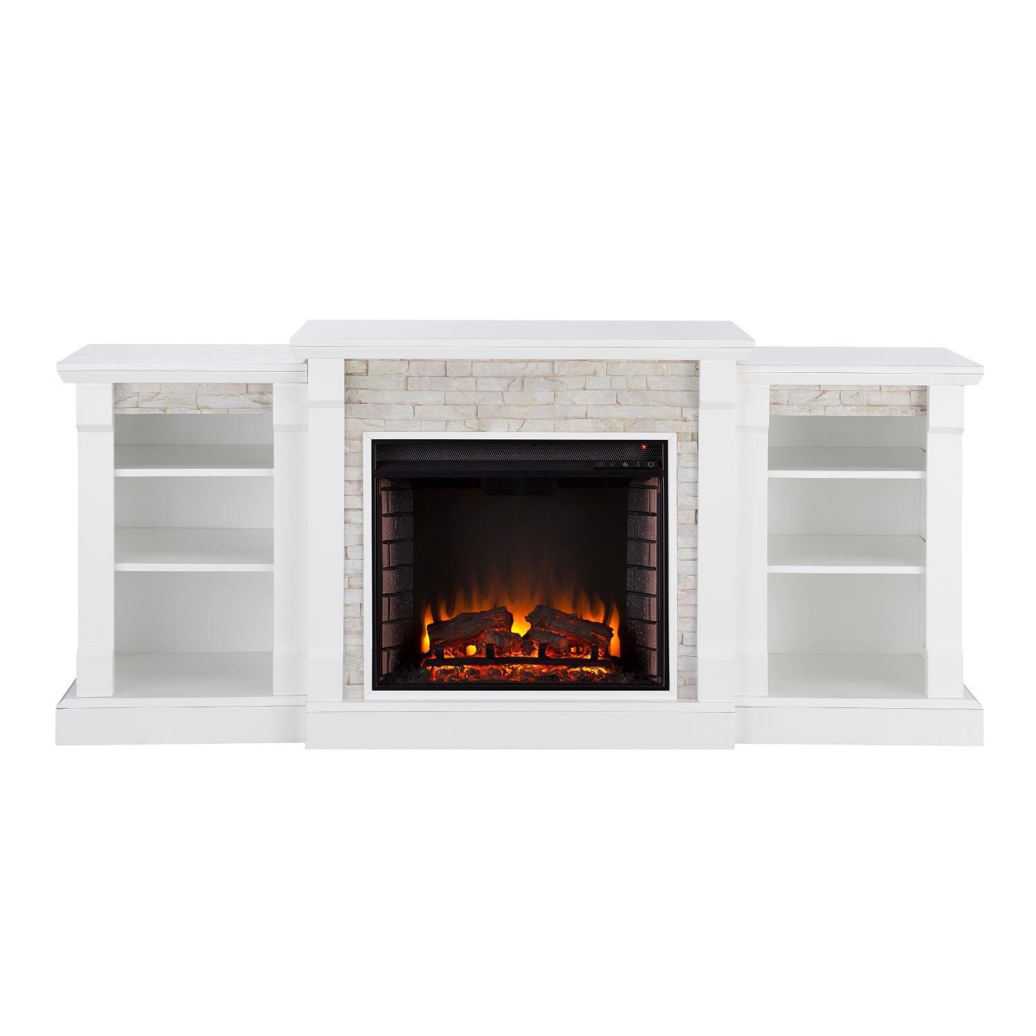 Southern Enterprises Gallatin 71-Inch Electric Fireplace W/ Bookcases - White W/ White Faux Stone - FE8526 - Front View thumbnail