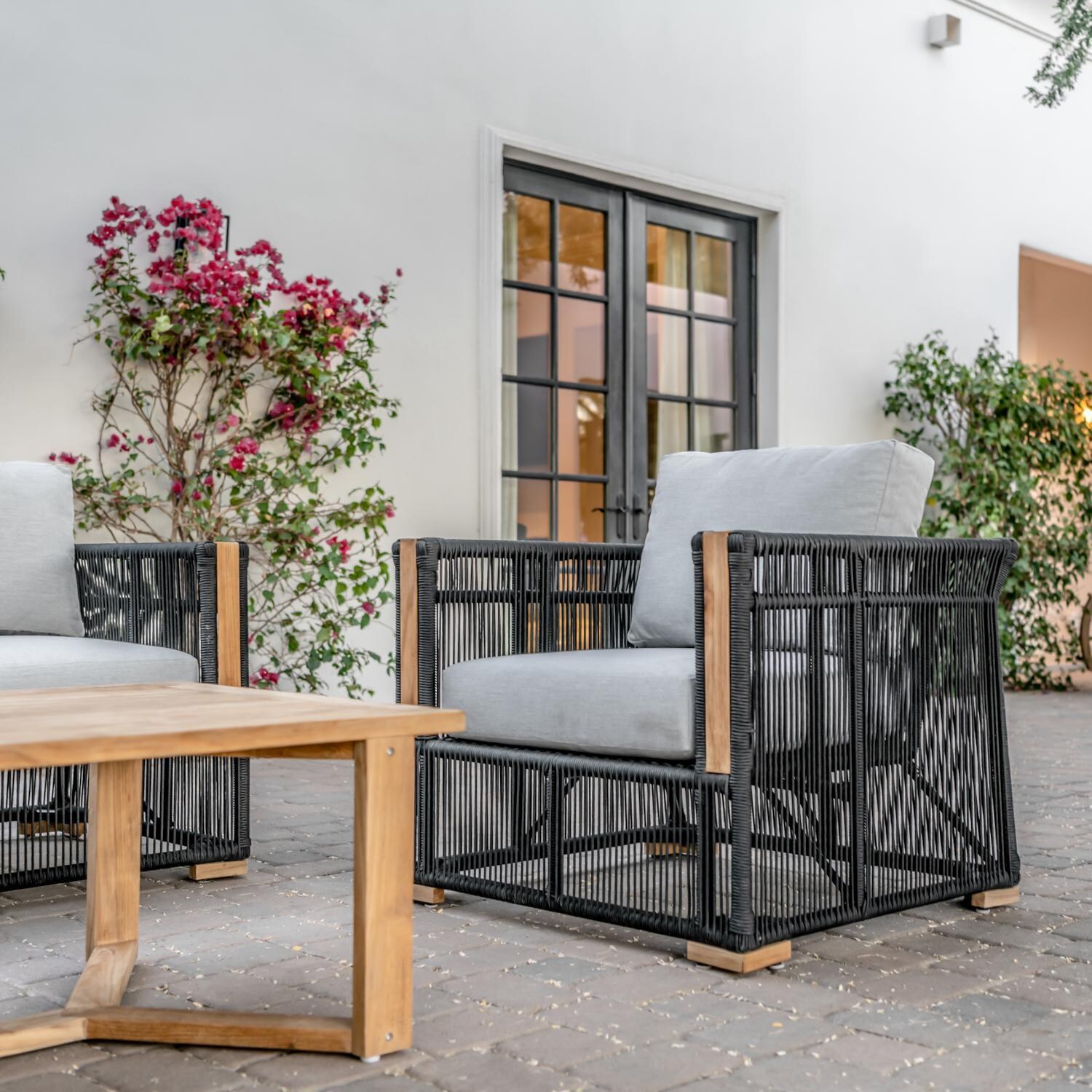 Teak + Table Breeze Olefin Rope & Teak Patio Club Chair in Charcoal/Granite - Shown w/set (Table not included) - Lifestyle thumbnail