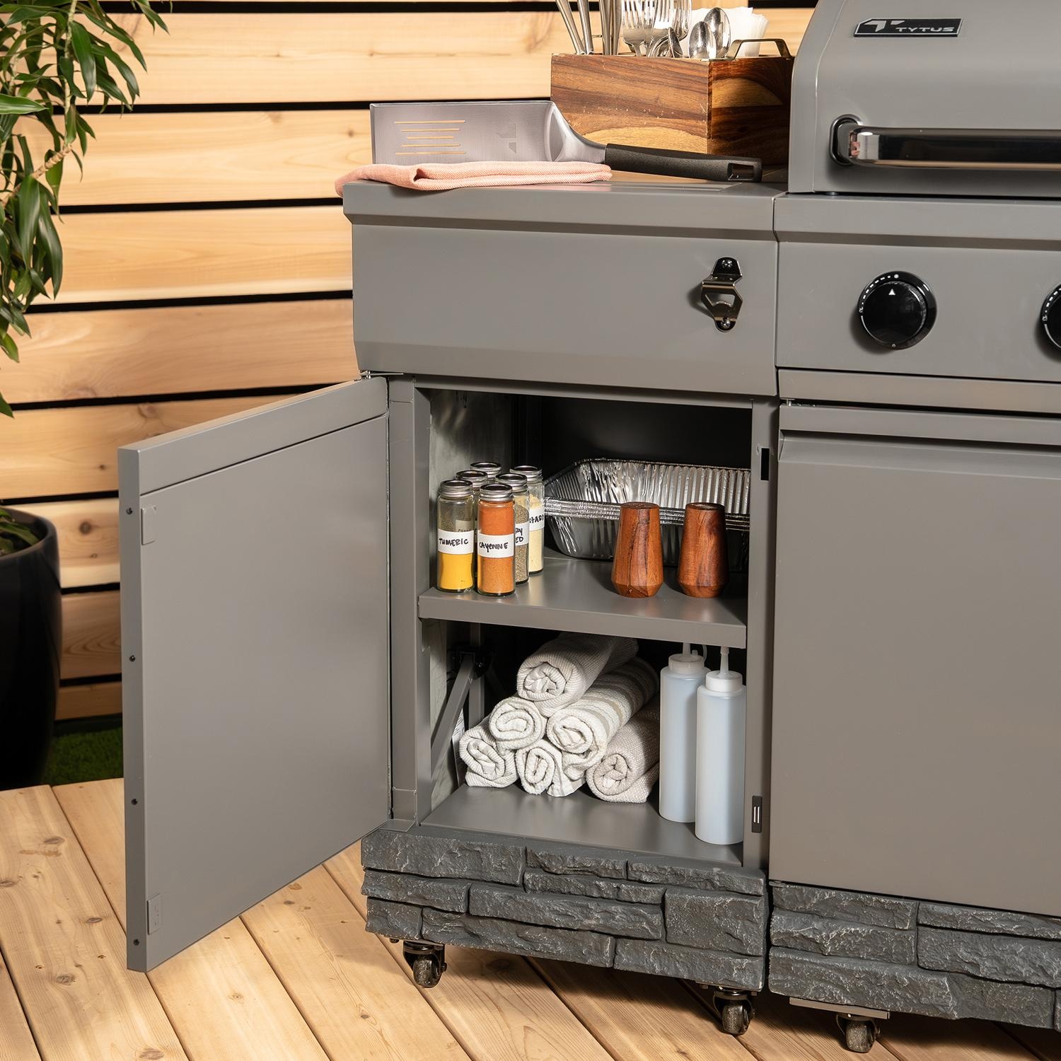 TYTUS TDT-021-0104 Fresno Series Gunmetal Gray & Ash Stacked Stone Propane Grill Island - Storage - Detail thumbnail