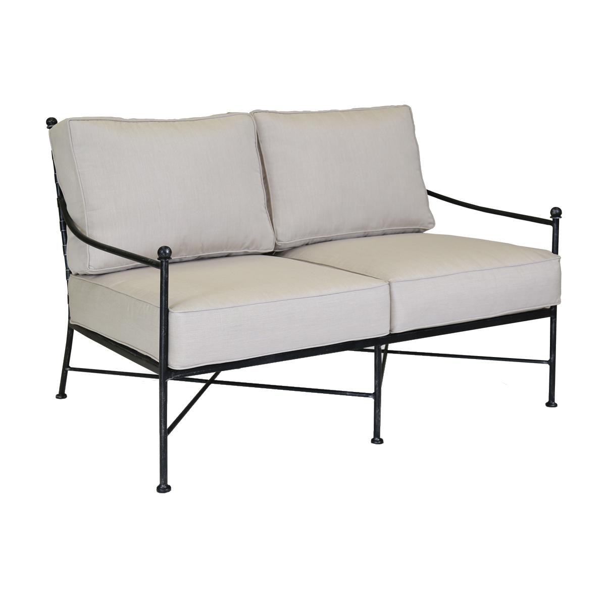 Provence Wrought Iron Patio Loveseat W/ Sunbrella Canvas Flax Cushions By Sunset West thumbnail
