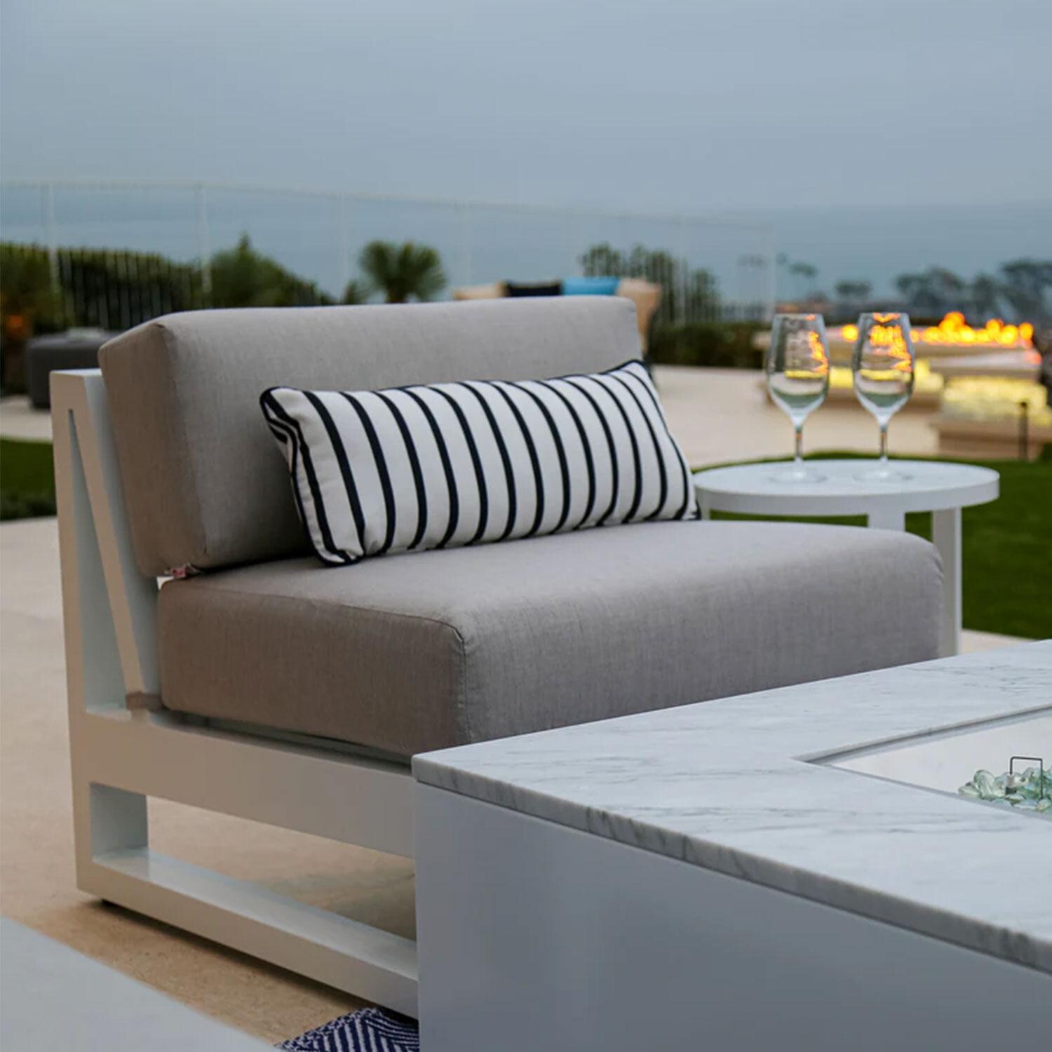 Newport Aluminum Armless Patio Club Chair in Canvas Natural w/ No Welt by Sunset West - By The Pool - Shown in Cast Silver Cushion Color finish - Lifestyle thumbnail