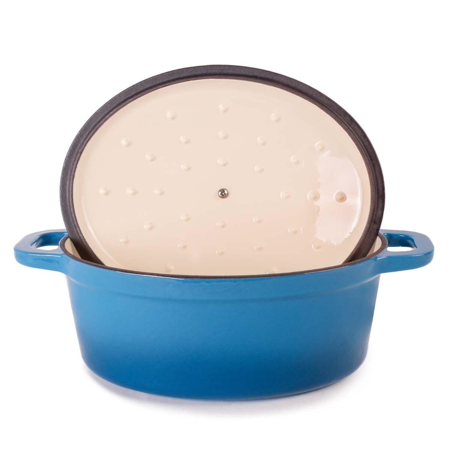 BergHOFF 11 1/2-in Neo Cast Iron 5 Qt. Oval Dutch Oven w/ Lid - Blue - Lid Up - White Background thumbnail