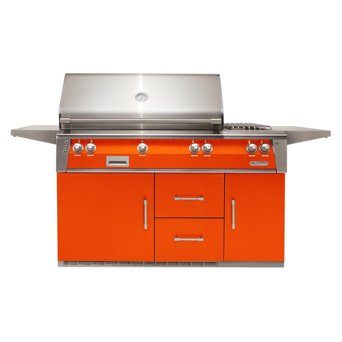 Alfresco ALXE 56-Inch Freestanding Natural Gas Deluxe Grill On Refrigerated Cart With Sear Zone, Rotisserie, And Side Burner in Luminous Orange - ALXE-56SZR-NG-S2005