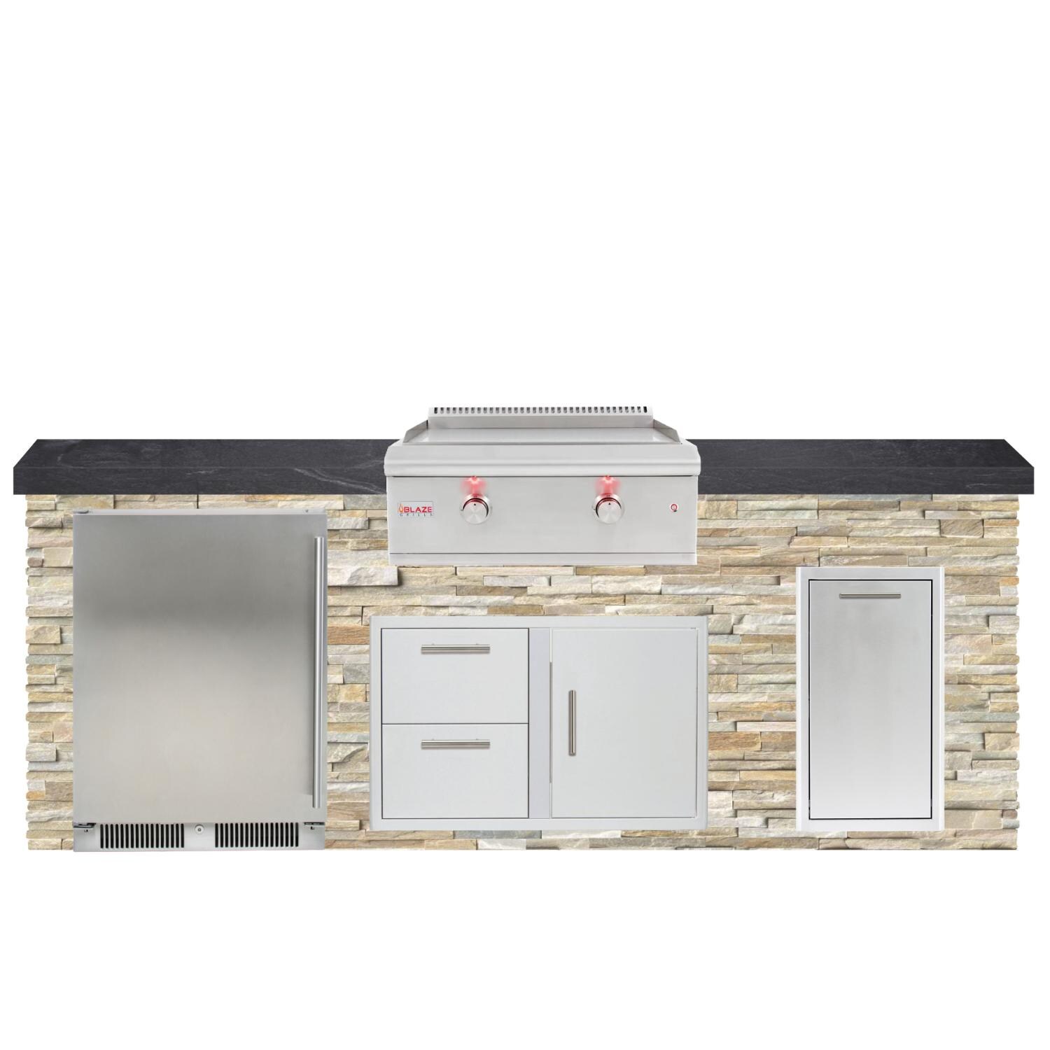 BBQGuys Signature 8ft Luxury Outdoor Island W/ Blaze Premium LTE 30-Inch Propane Griddle & Outdoor Rated Refrigerator - Golden Honey Stone W/ Black Polished Granite thumbnail