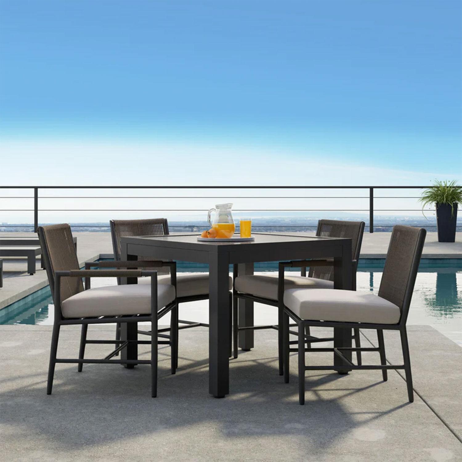 Pietra Rope & Aluminum Patio Armless Dining Chair in Dupione Celeste w/ No Welt by Sunset West - By The Pool Dining - Shown in Echo Ash Cushion Color finish (Only One Armless Dining Chair Included) - Lifestyle thumbnail