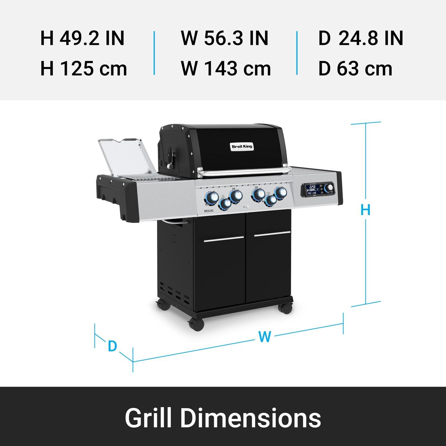 Broil King 687247 Regal Q 490 Pro IR Natural Gas Grill - Grill Dimensions - Dimensional thumbnail